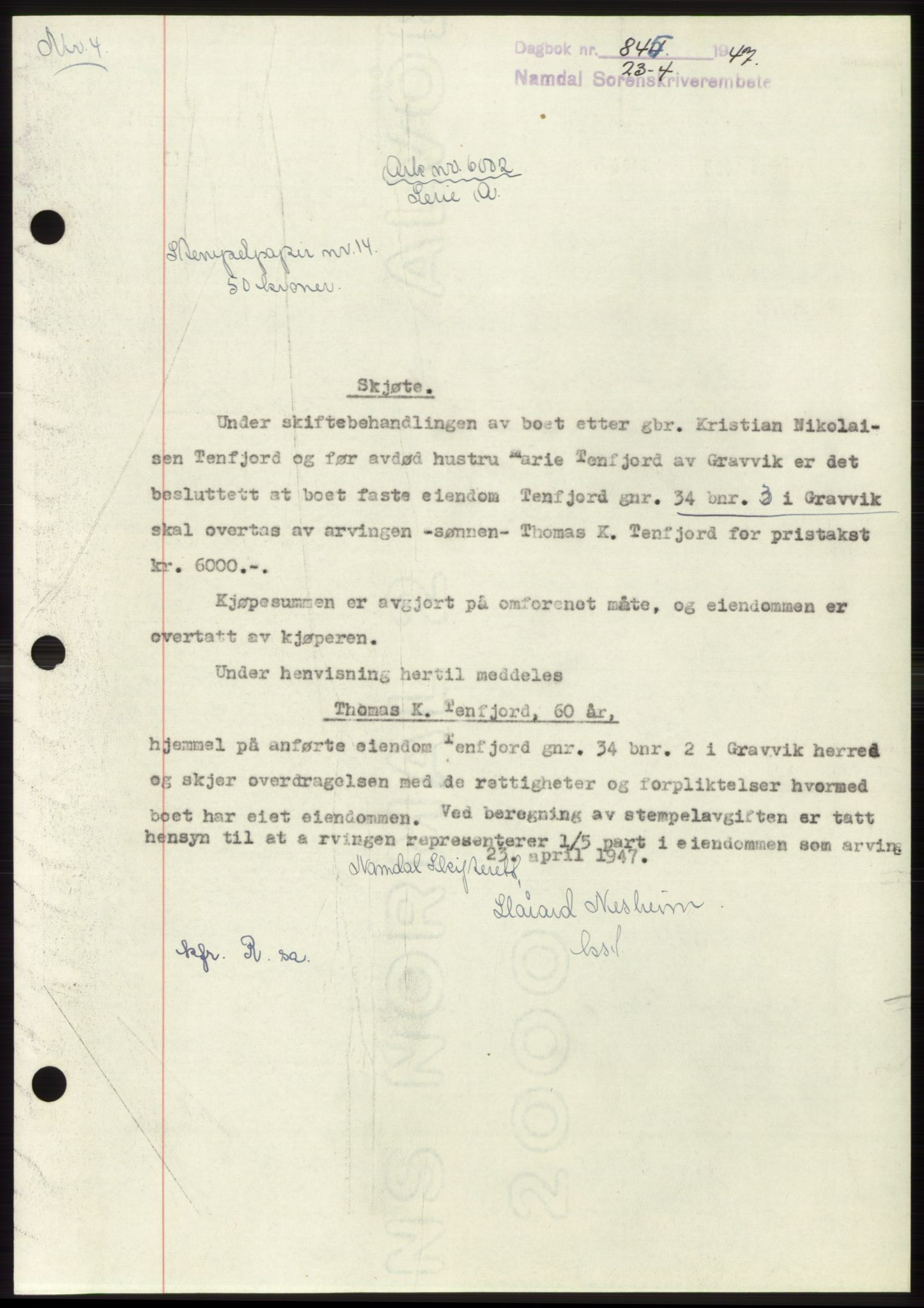 Namdal sorenskriveri, SAT/A-4133/1/2/2C: Pantebok nr. -, 1947-1947, Dagboknr: 844/1947