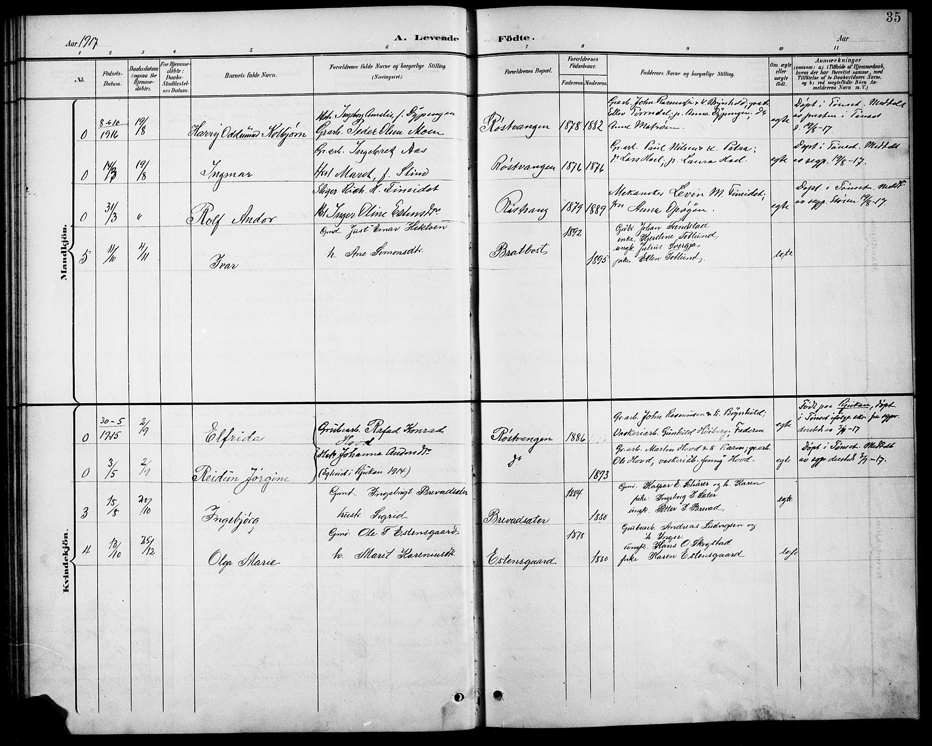 Kvikne prestekontor, AV/SAH-PREST-064/H/Ha/Hab/L0003: Klokkerbok nr. 3, 1896-1918, s. 35