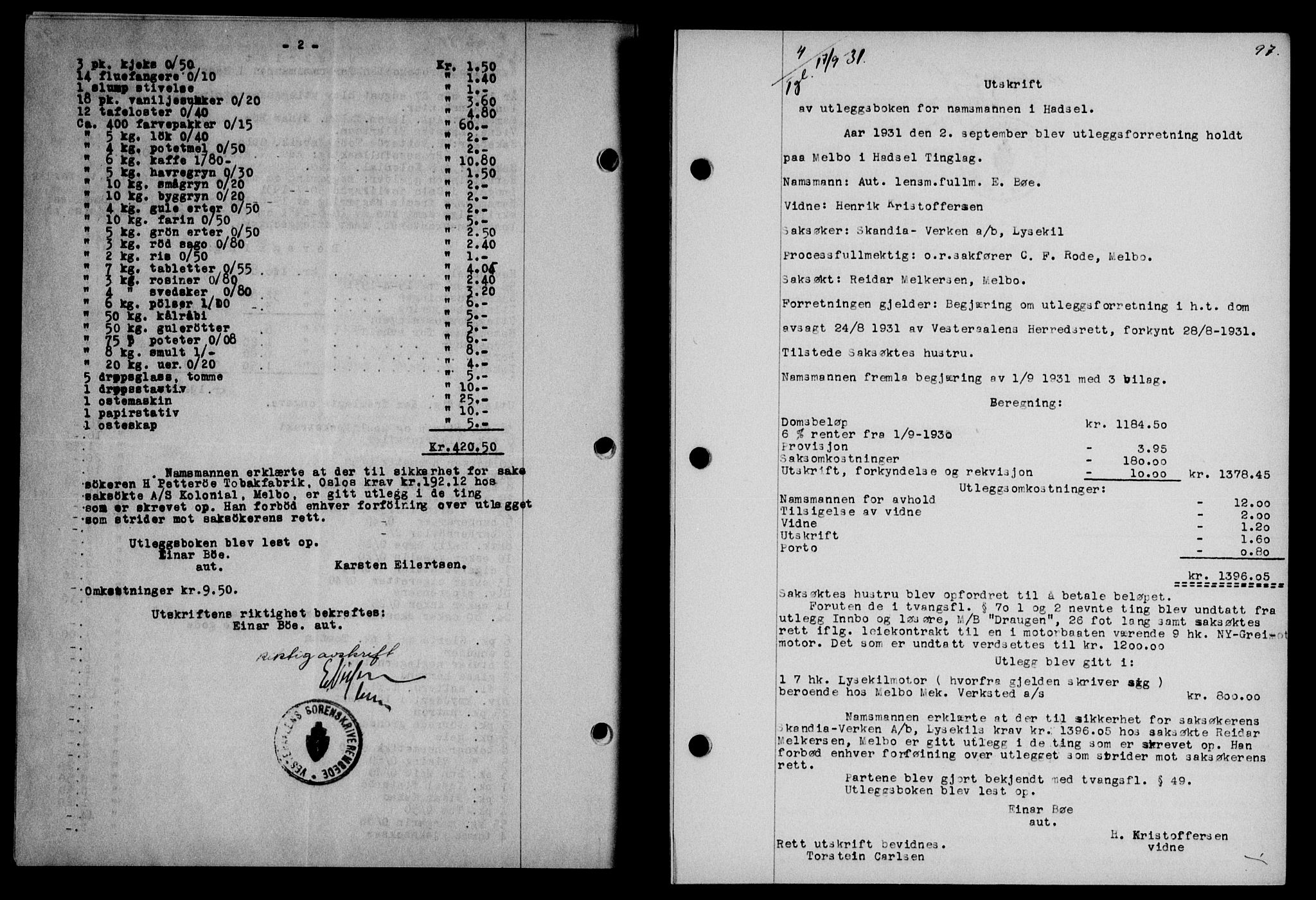 Vesterålen sorenskriveri, AV/SAT-A-4180/1/2/2Ca/L0054: Pantebok nr. 47, 1931-1932, Tingl.dato: 17.09.1931