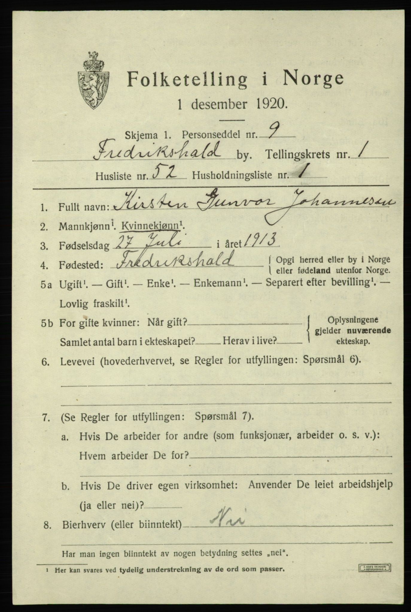 SAO, Folketelling 1920 for 0101 Fredrikshald kjøpstad, 1920, s. 9063