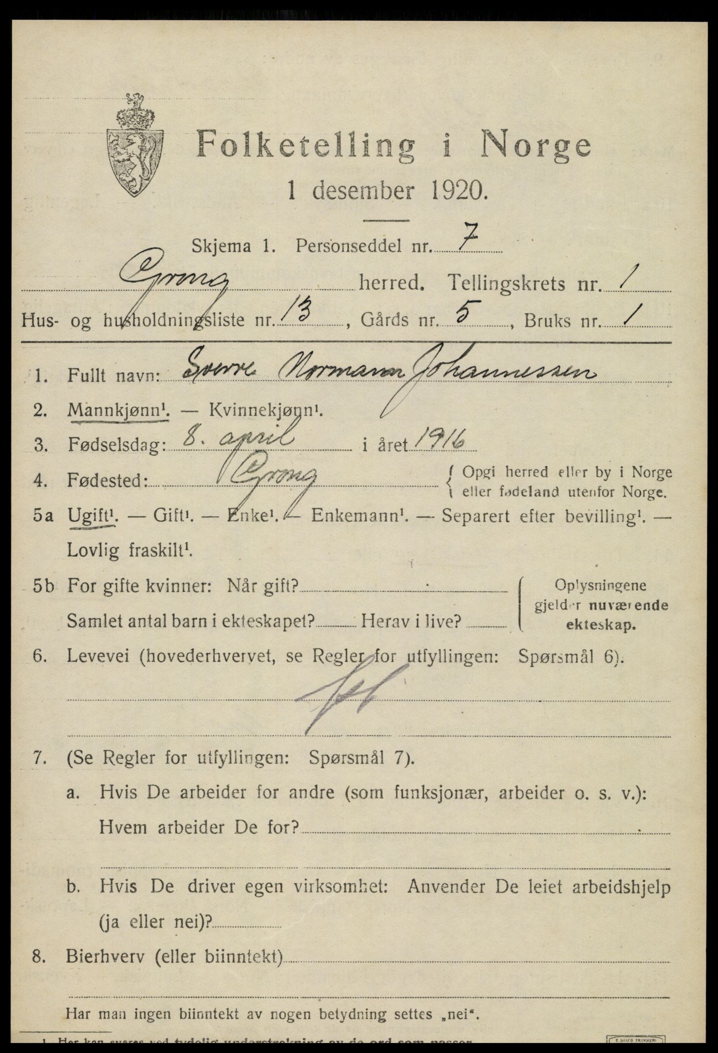 SAT, Folketelling 1920 for 1742 Grong herred, 1920, s. 1179