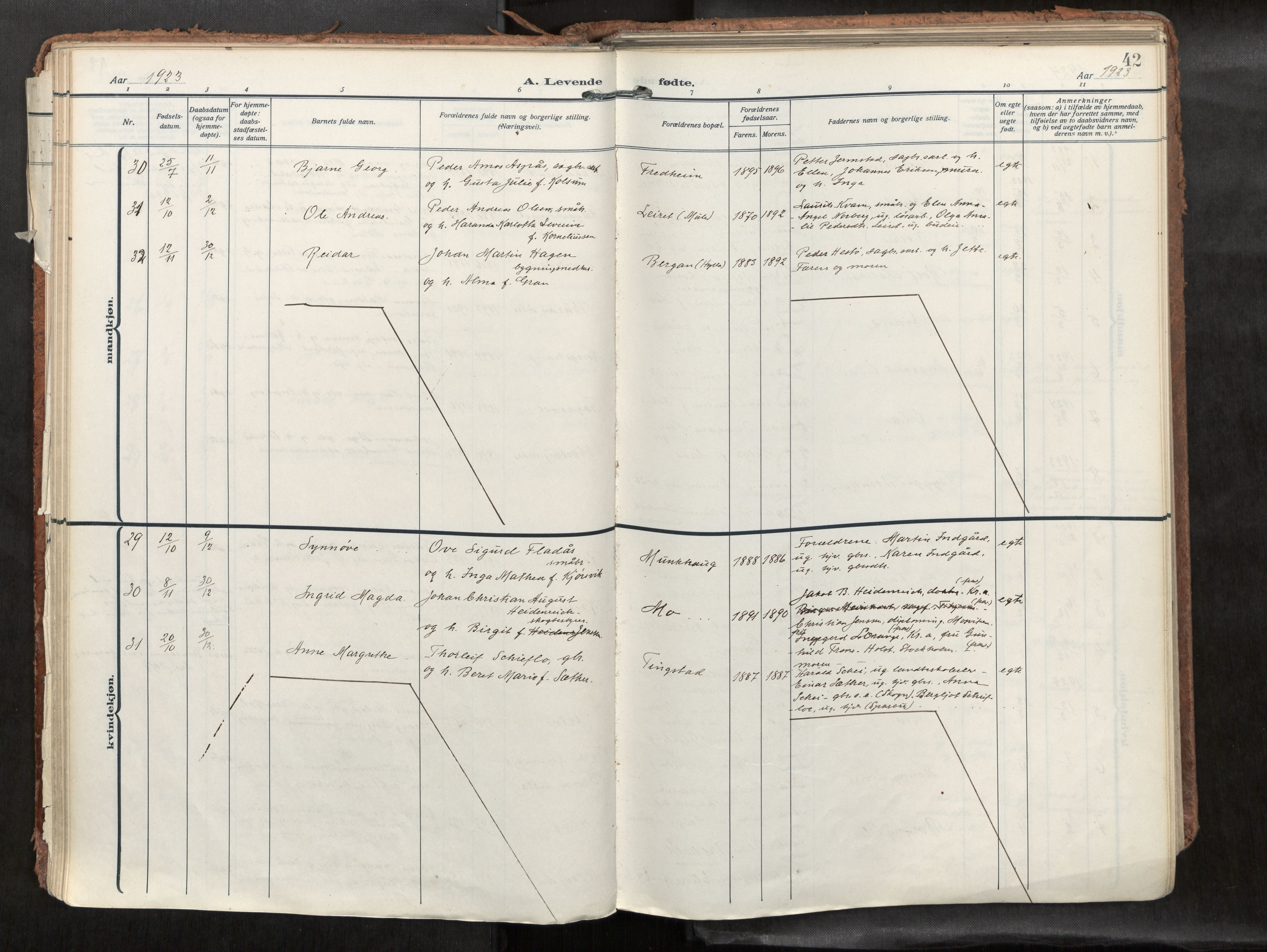 Levanger sokneprestkontor, AV/SAT-A-1301/2/H/Haa/L0002: Ministerialbok nr. 2, 1912-1935, s. 42