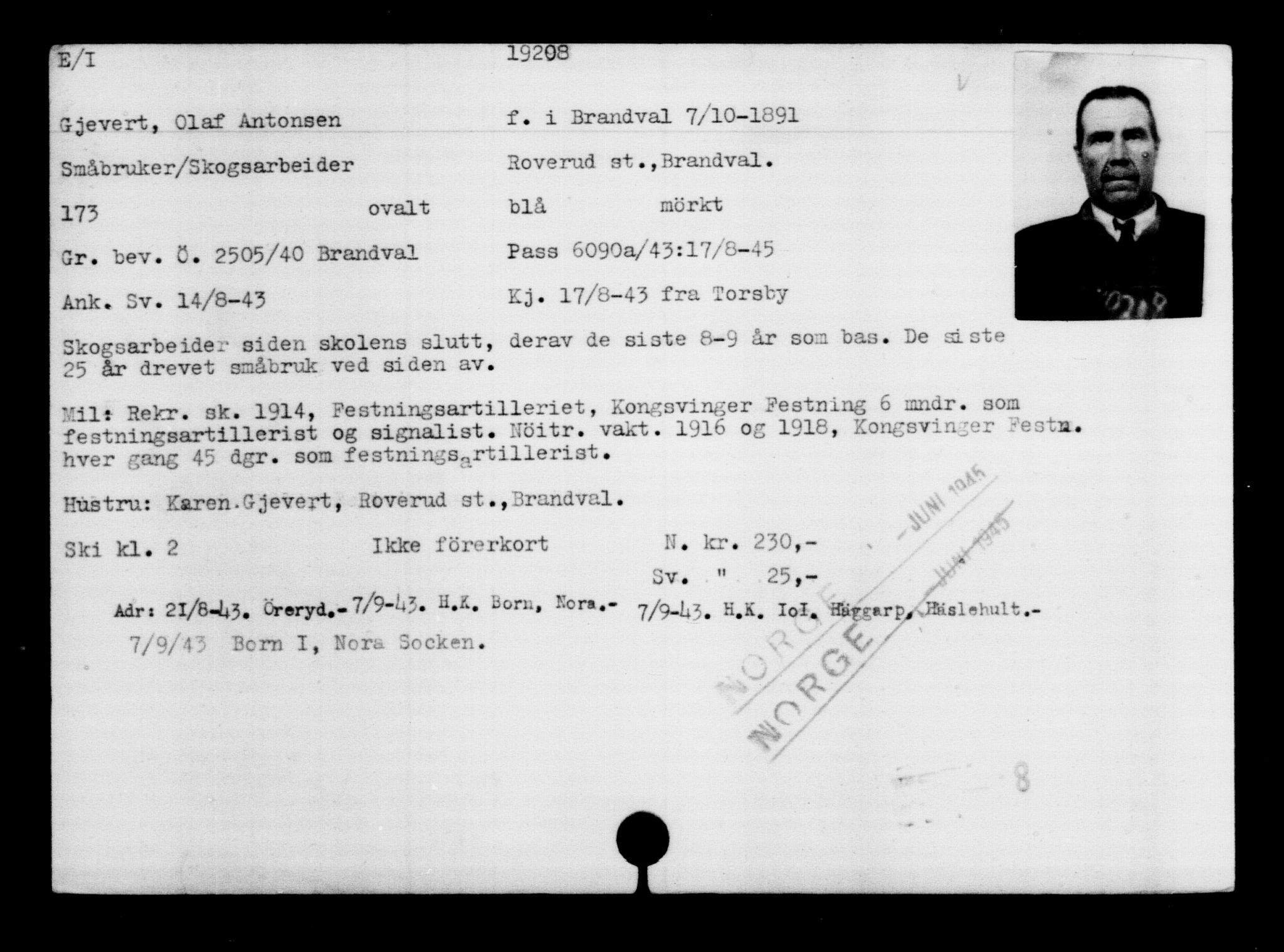 Utenriksstasjonene, Legasjonen i Stockholm, Flyktningkontoret, AV/RA-S-6753/V/Va/L0009: Kjesäterkartoteket, flyktninger med registreringsnr. 18502-22048, 1940-1945, s. 835