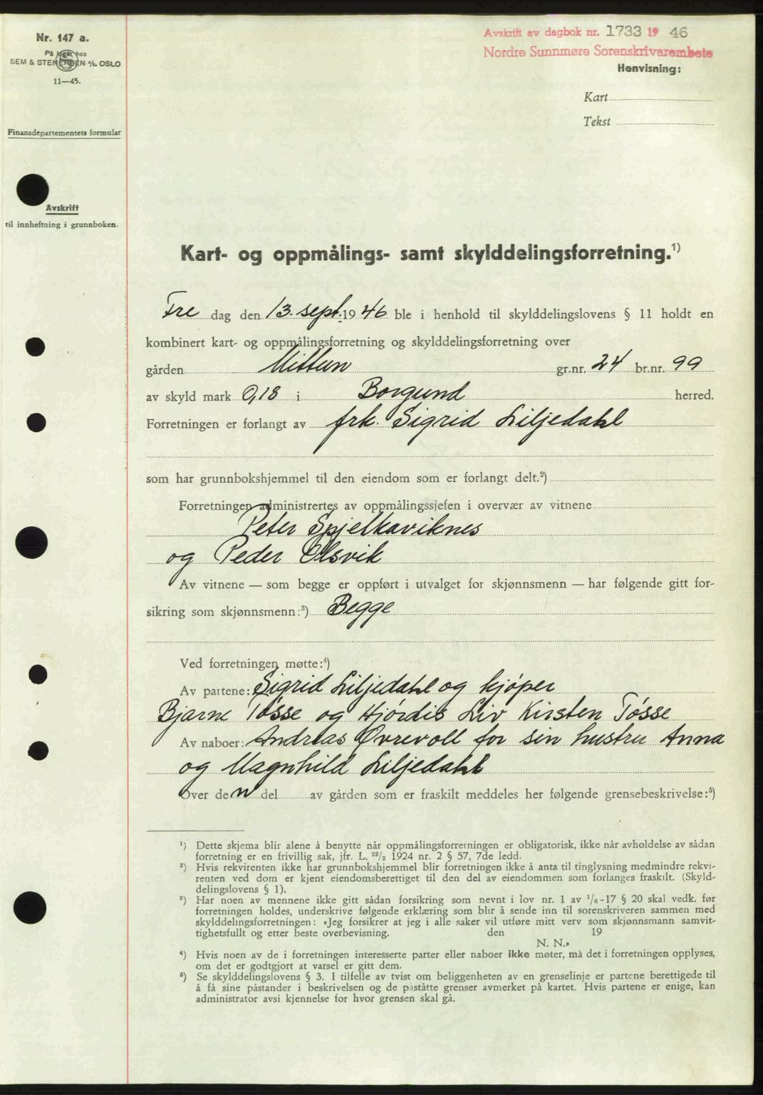 Nordre Sunnmøre sorenskriveri, SAT/A-0006/1/2/2C/2Ca: Pantebok nr. A22, 1946-1946, Dagboknr: 1733/1946