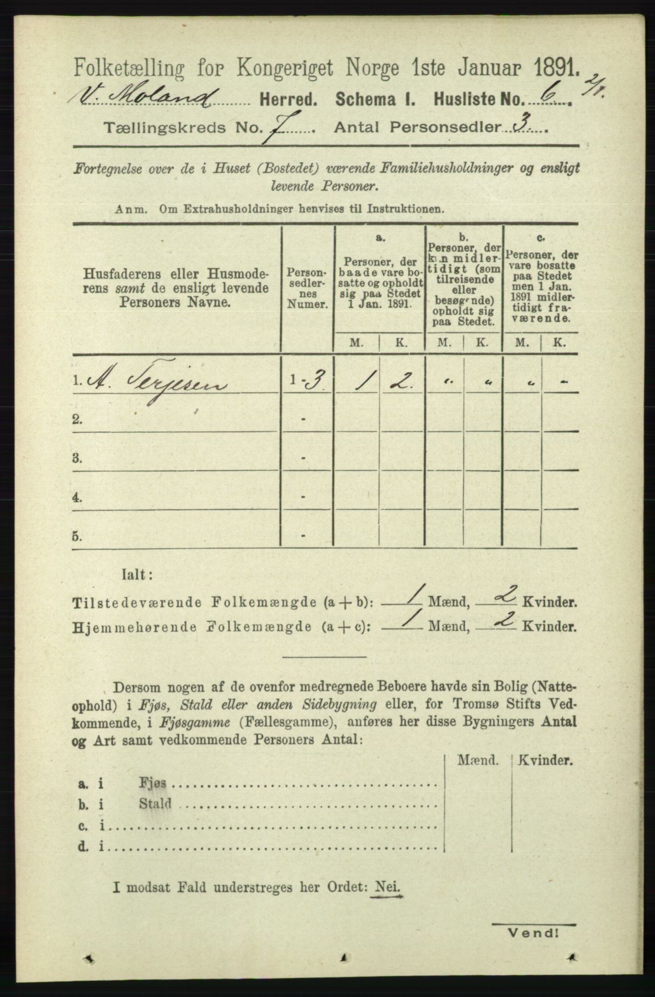 RA, Folketelling 1891 for 0926 Vestre Moland herred, 1891, s. 2765