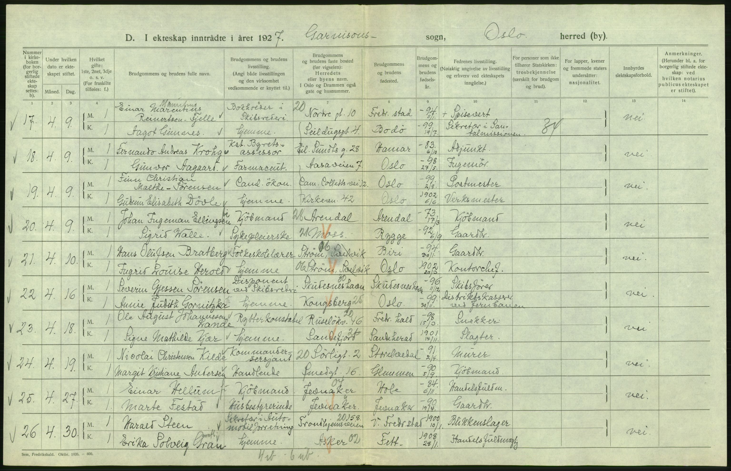 Statistisk sentralbyrå, Sosiodemografiske emner, Befolkning, AV/RA-S-2228/D/Df/Dfc/Dfcg/L0008: Oslo: Gifte, 1927, s. 654