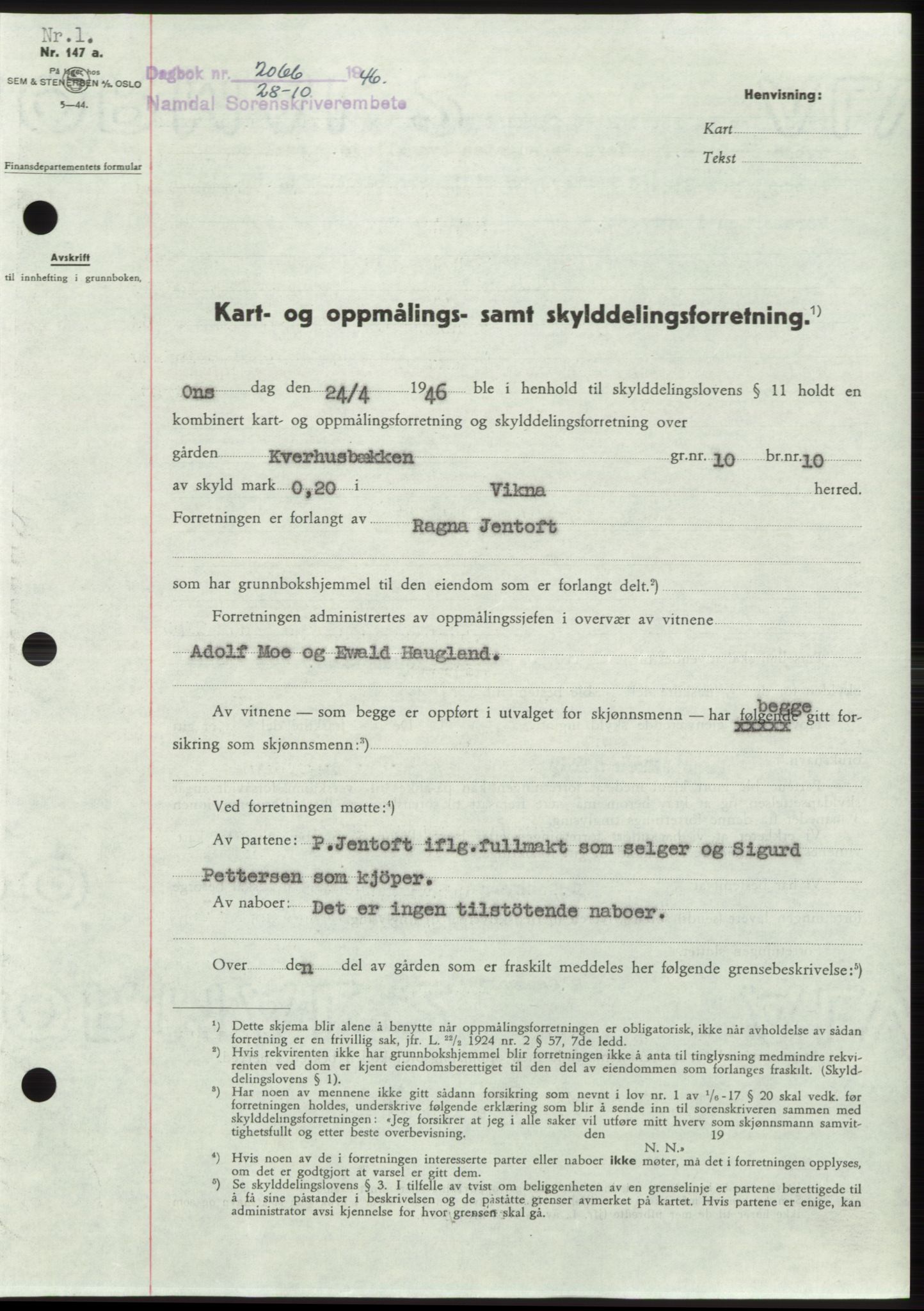 Namdal sorenskriveri, SAT/A-4133/1/2/2C: Pantebok nr. -, 1946-1947, Dagboknr: 2066/1946