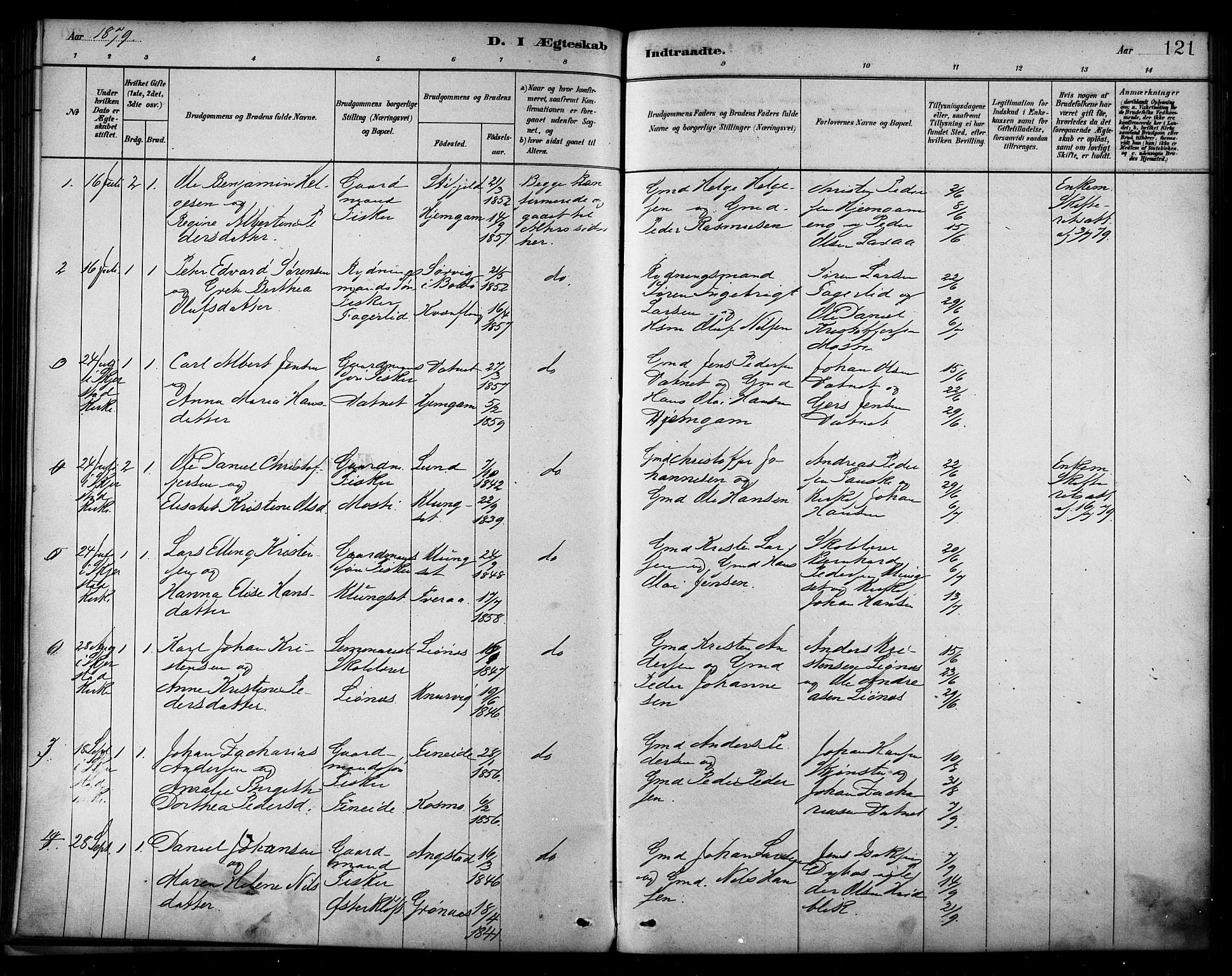Ministerialprotokoller, klokkerbøker og fødselsregistre - Nordland, SAT/A-1459/849/L0689: Ministerialbok nr. 849A01, 1879-1889, s. 121