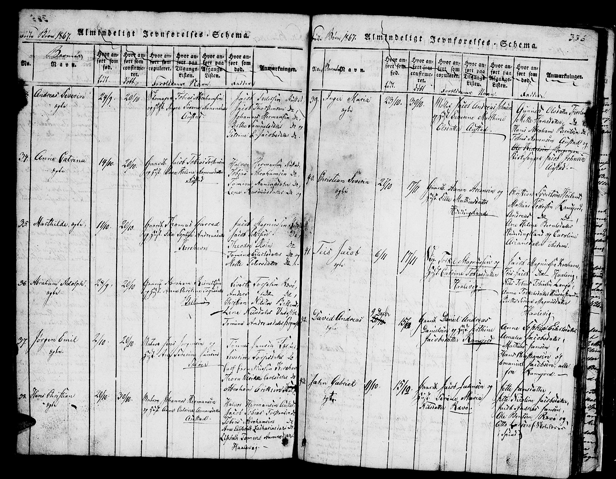 Lyngdal sokneprestkontor, AV/SAK-1111-0029/F/Fb/Fba/L0001: Klokkerbok nr. B 1, 1816-1876, s. 336