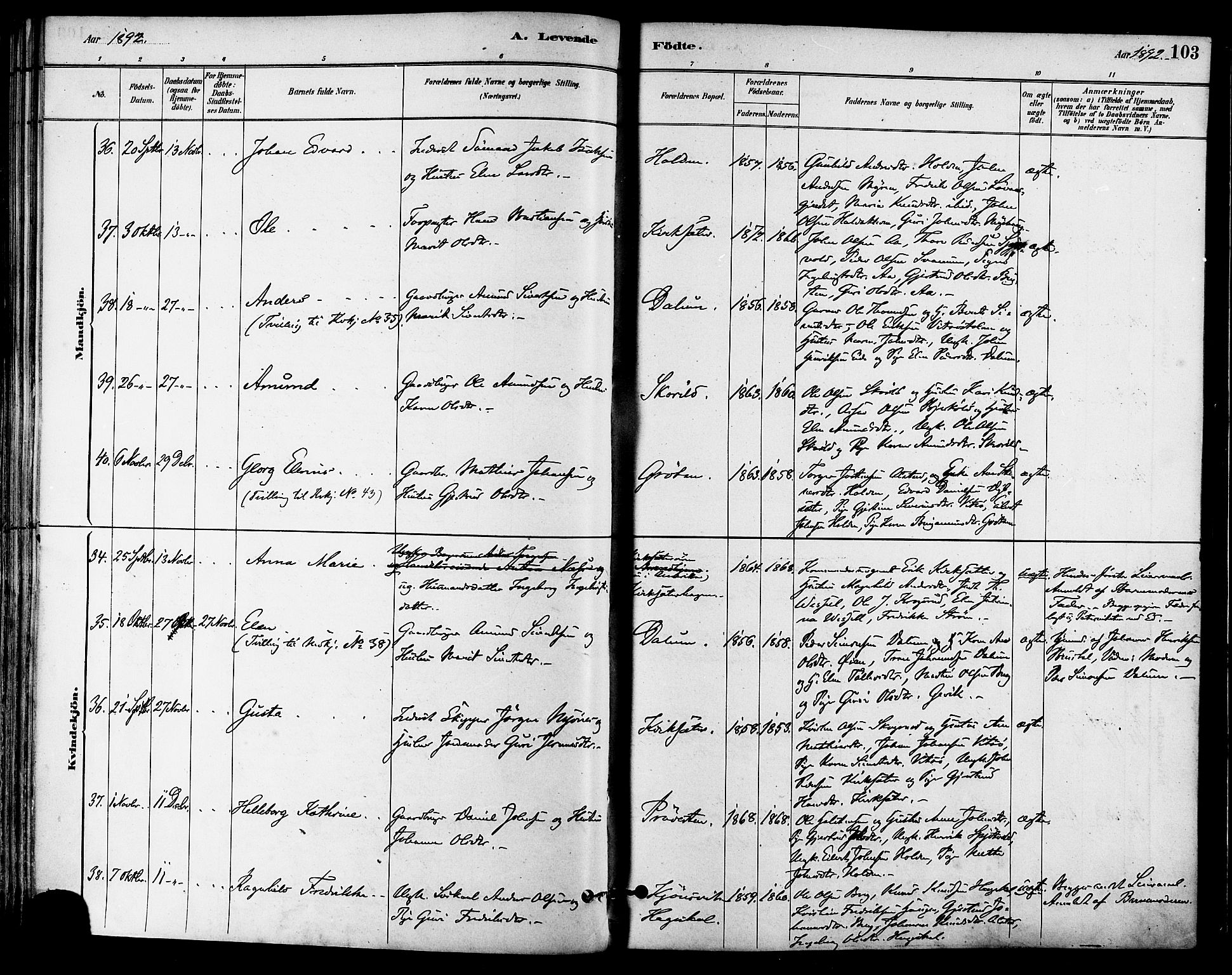 Ministerialprotokoller, klokkerbøker og fødselsregistre - Sør-Trøndelag, SAT/A-1456/630/L0496: Ministerialbok nr. 630A09, 1879-1895, s. 103