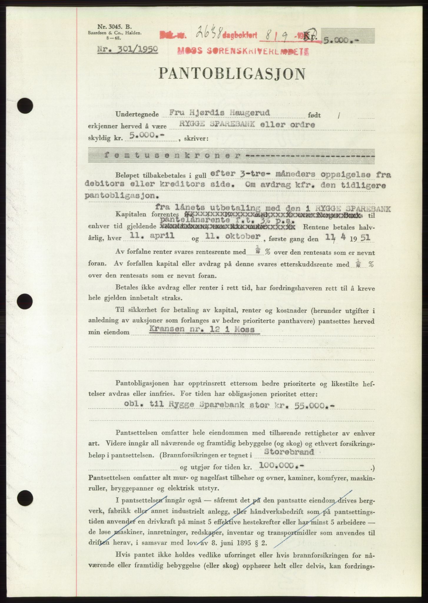 Moss sorenskriveri, SAO/A-10168: Pantebok nr. B25, 1950-1950, Dagboknr: 2638/1950