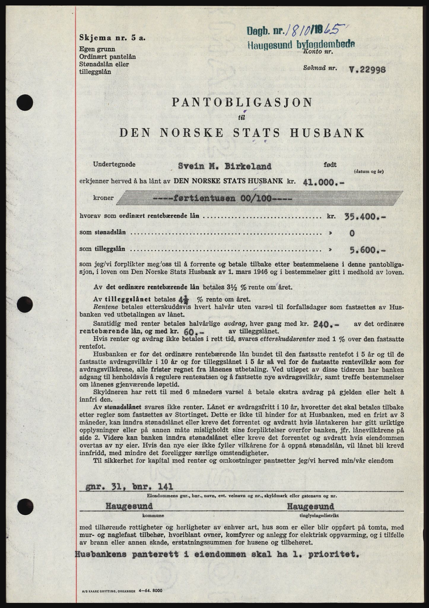 Haugesund tingrett, SAST/A-101415/01/II/IIC/L0053: Pantebok nr. B 53, 1965-1965, Dagboknr: 1810/1965