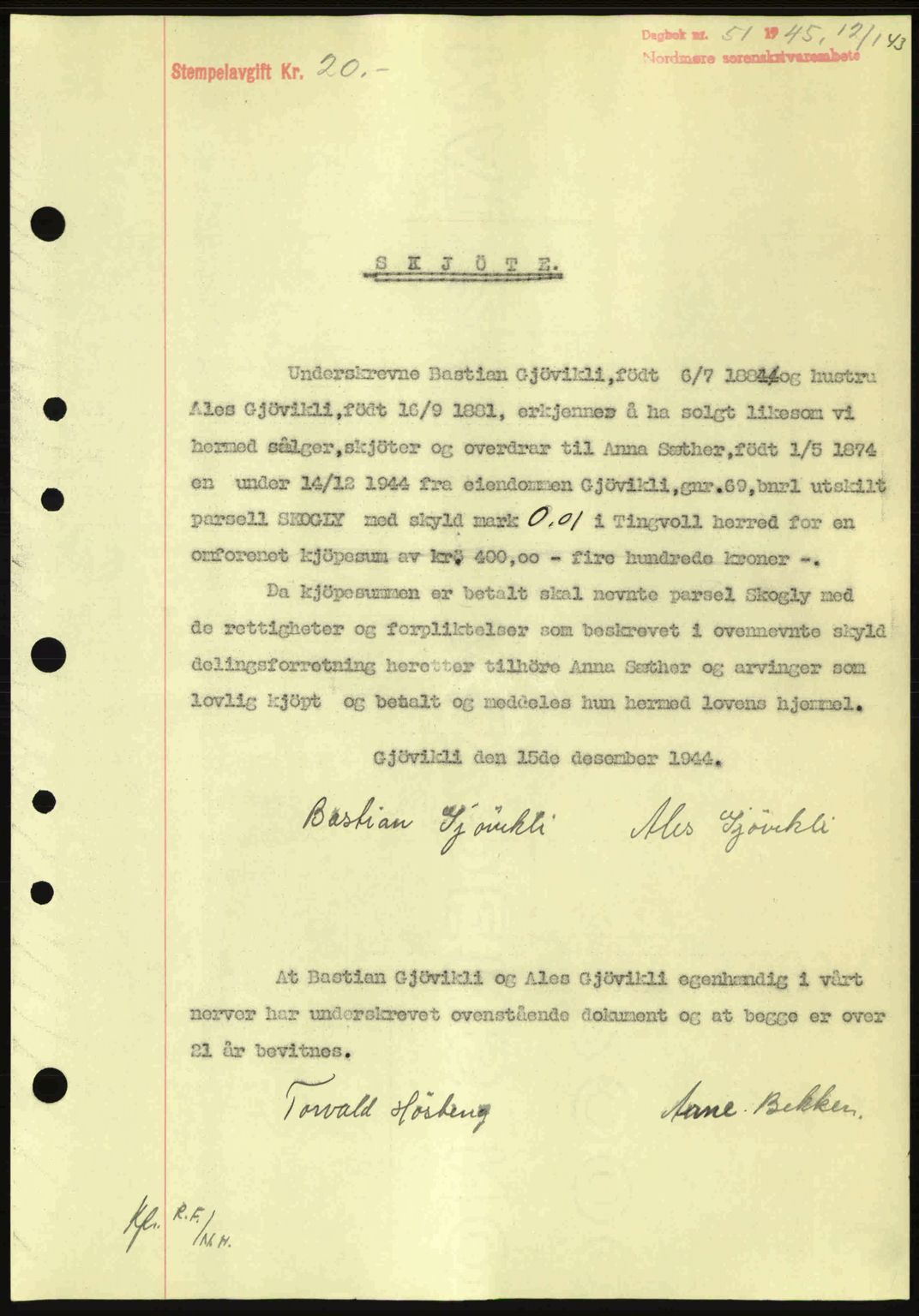 Nordmøre sorenskriveri, SAT/A-4132/1/2/2Ca: Pantebok nr. A99, 1945-1945, Dagboknr: 51/1945