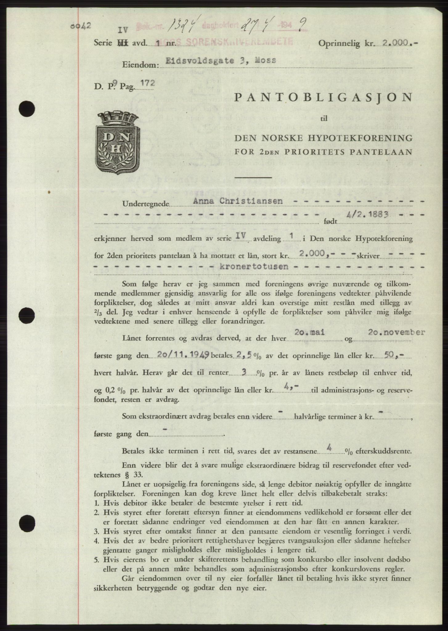 Moss sorenskriveri, SAO/A-10168: Pantebok nr. B21, 1949-1949, Dagboknr: 1324/1949