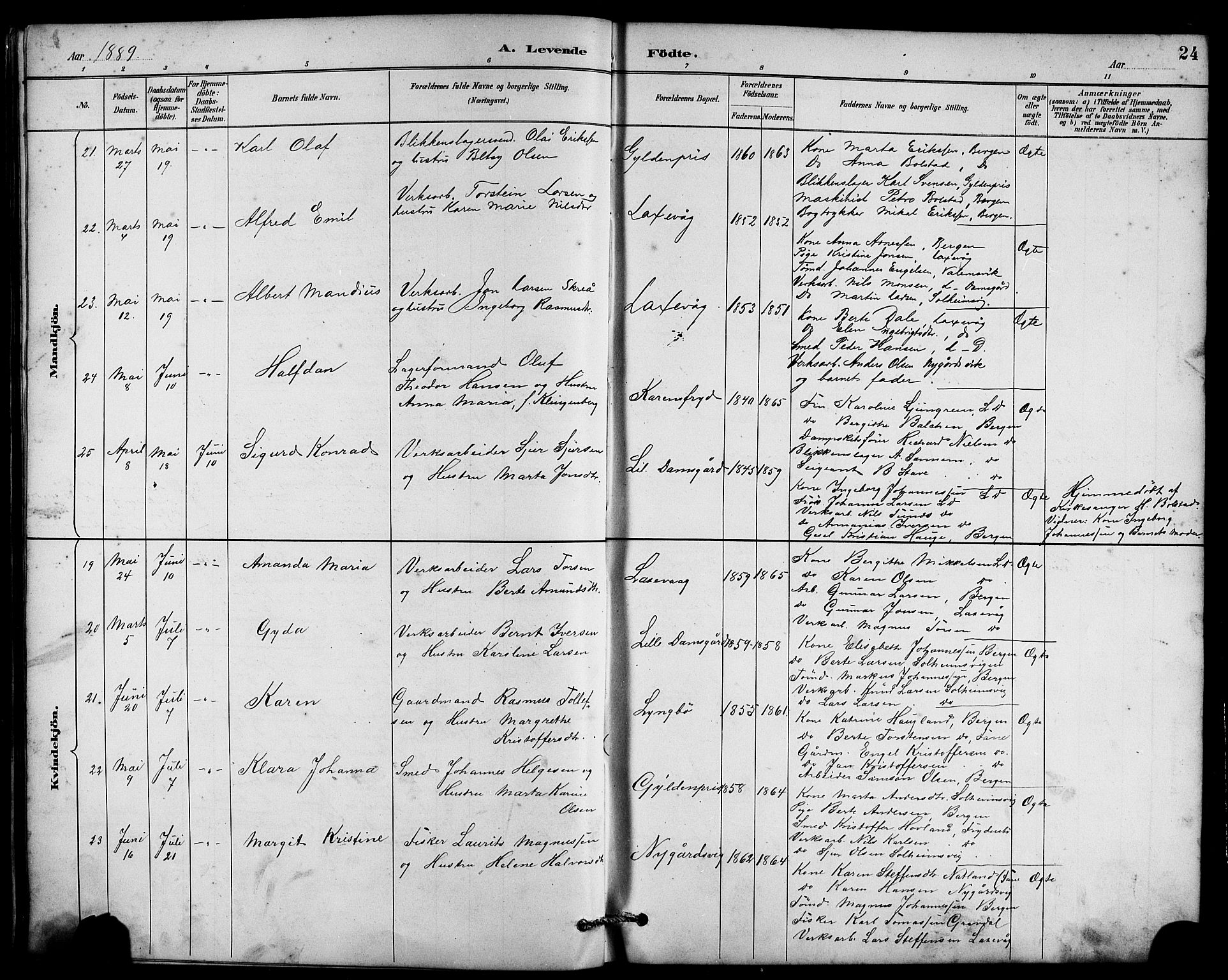 Laksevåg Sokneprestembete, AV/SAB-A-76501/H/Ha/Hab/Haba/L0003: Klokkerbok nr. A 3, 1887-1899, s. 24