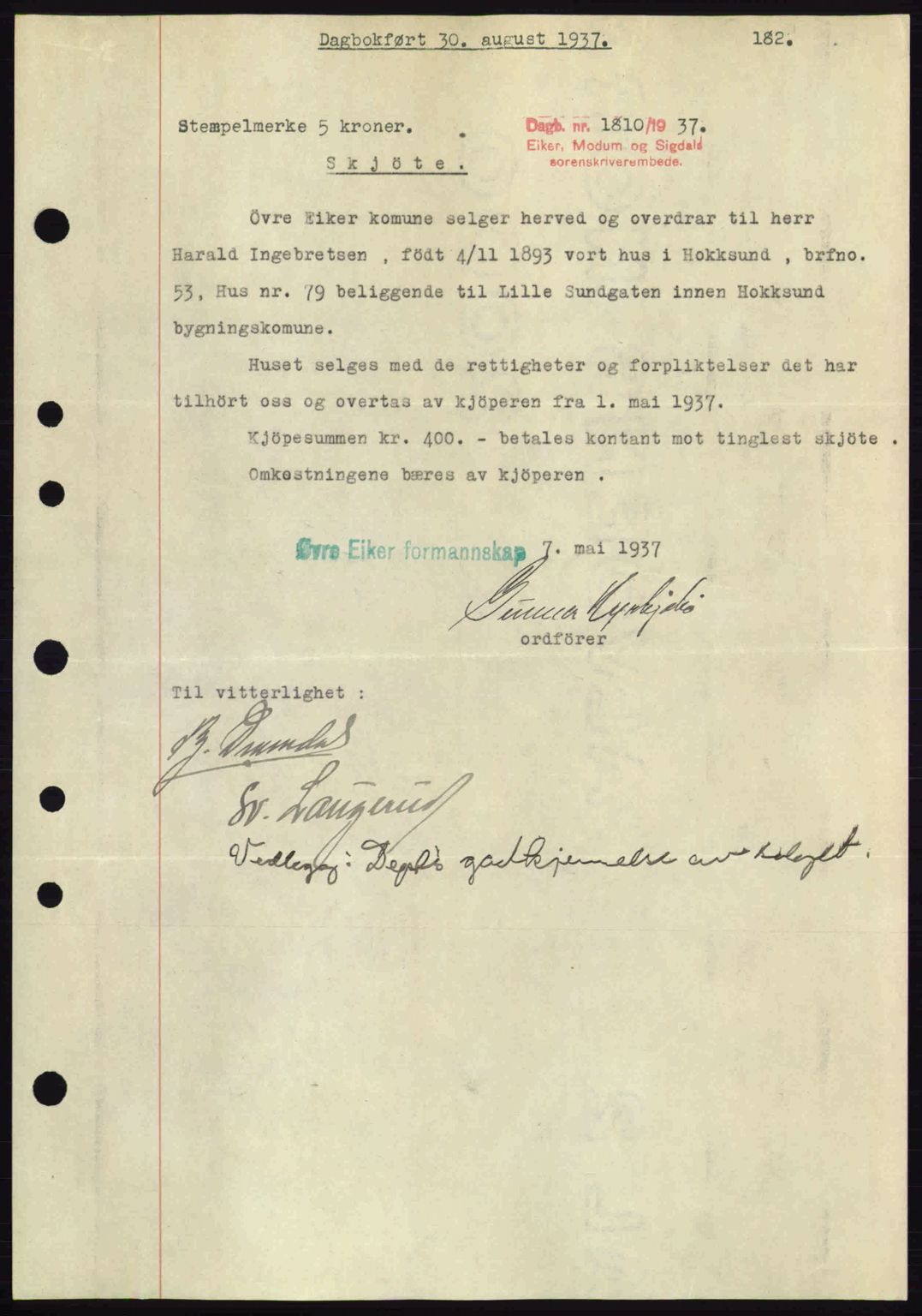 Eiker, Modum og Sigdal sorenskriveri, SAKO/A-123/G/Ga/Gab/L0036: Pantebok nr. A6, 1937-1937, Dagboknr: 1810/1937