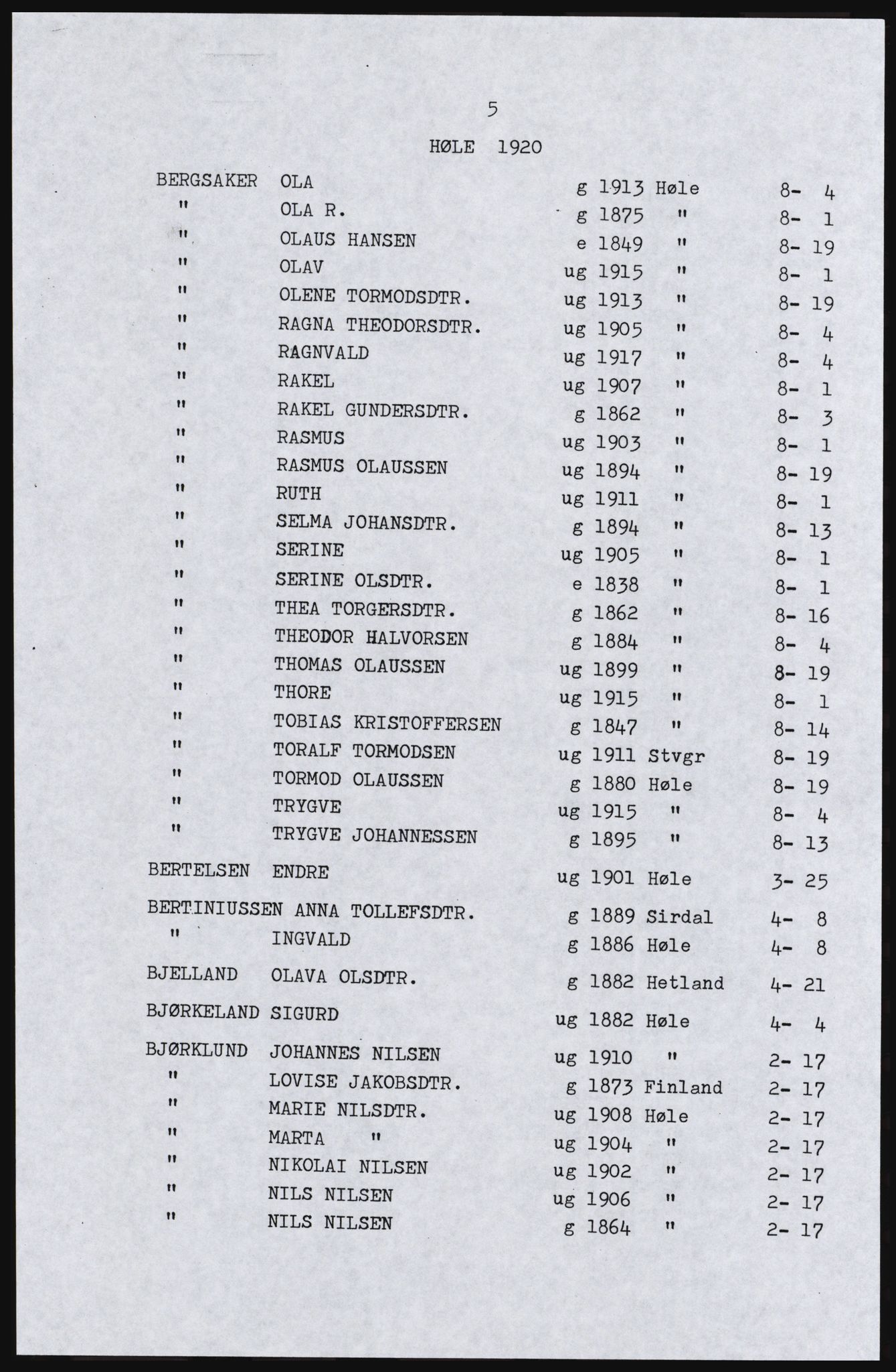 SAST, Avskrift av folketellingen 1920 for Høle herred, 1920, s. 11