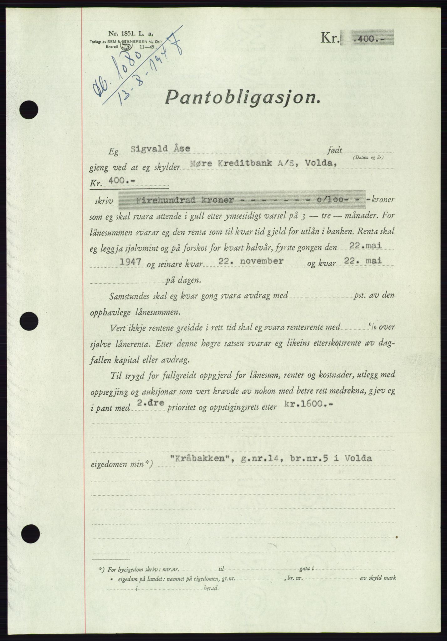 Søre Sunnmøre sorenskriveri, AV/SAT-A-4122/1/2/2C/L0115: Pantebok nr. 3B, 1947-1948, Dagboknr: 1080/1947