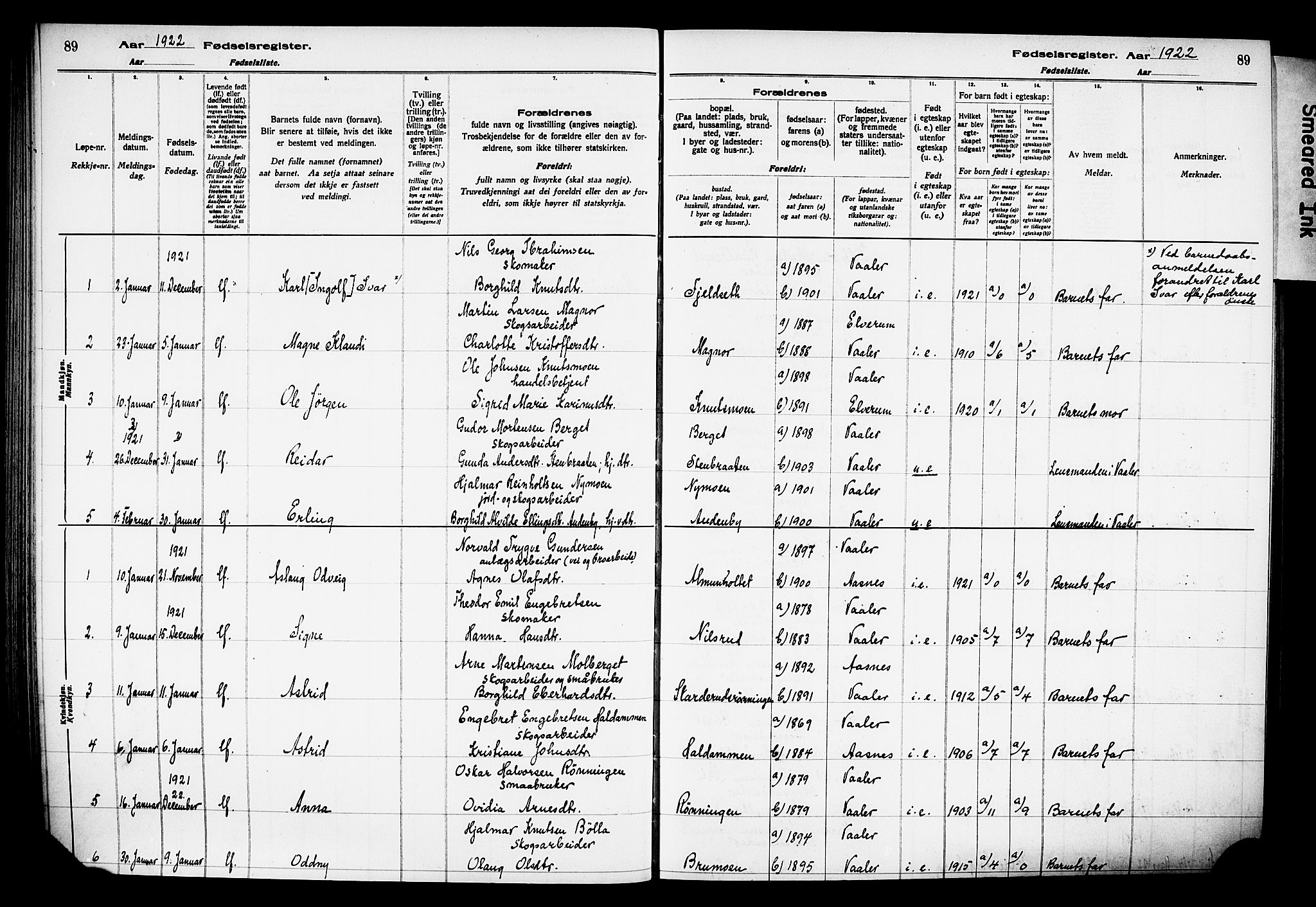 Våler prestekontor, Hedmark, AV/SAH-PREST-040/I/Id/L0001: Fødselsregister nr. 1, 1916-1930, s. 89