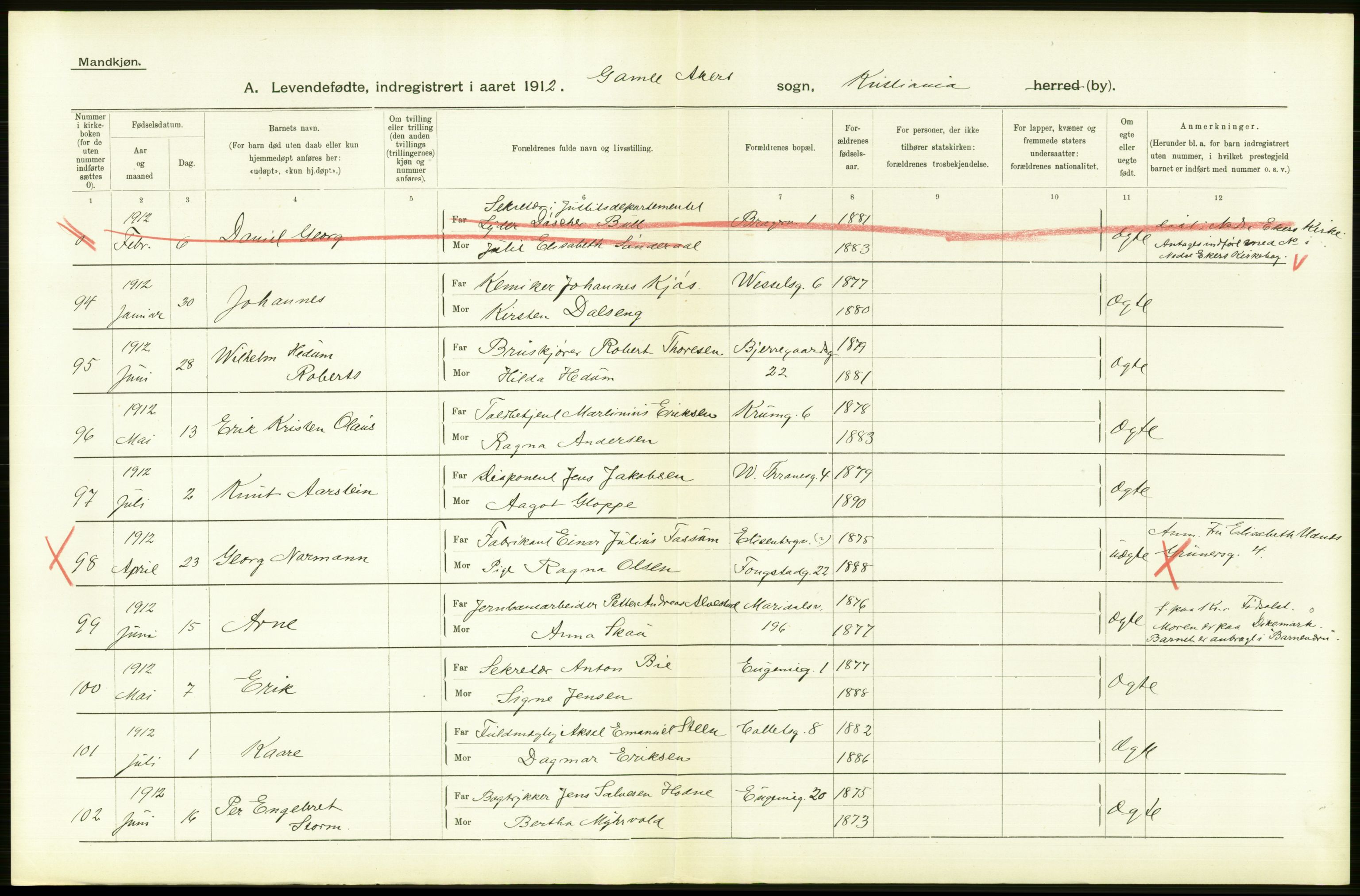 Statistisk sentralbyrå, Sosiodemografiske emner, Befolkning, RA/S-2228/D/Df/Dfb/Dfbb/L0007: Kristiania:  Levendefødte menn og kvinner., 1912, s. 506