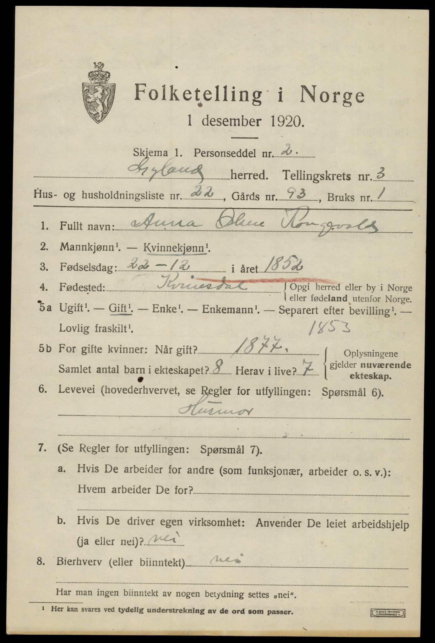 SAK, Folketelling 1920 for 1044 Gyland herred, 1920, s. 1020