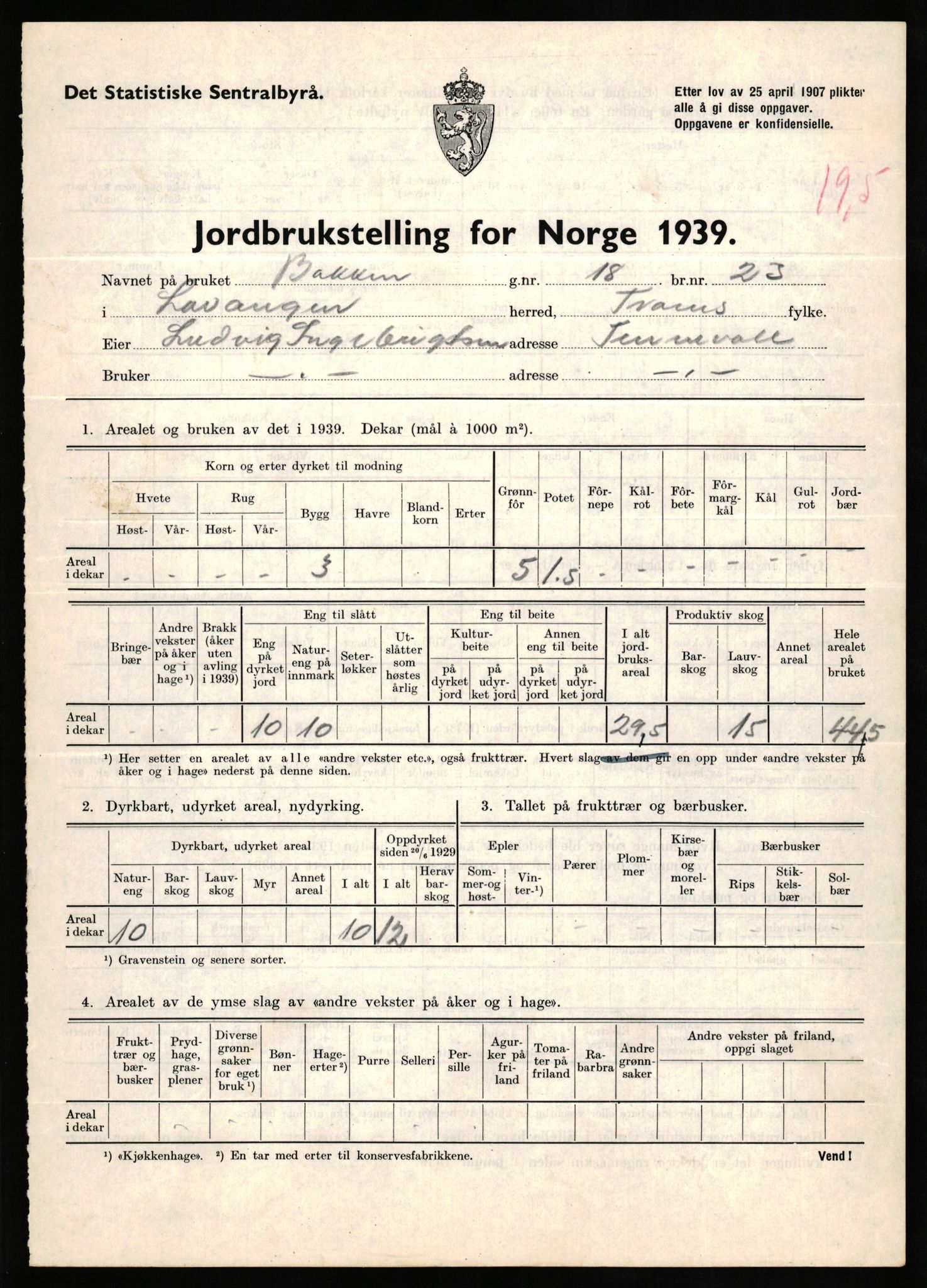 Statistisk sentralbyrå, Næringsøkonomiske emner, Jordbruk, skogbruk, jakt, fiske og fangst, AV/RA-S-2234/G/Gb/L0339: Troms: Andørja, Astafjord og Lavangen, 1939, s. 1014