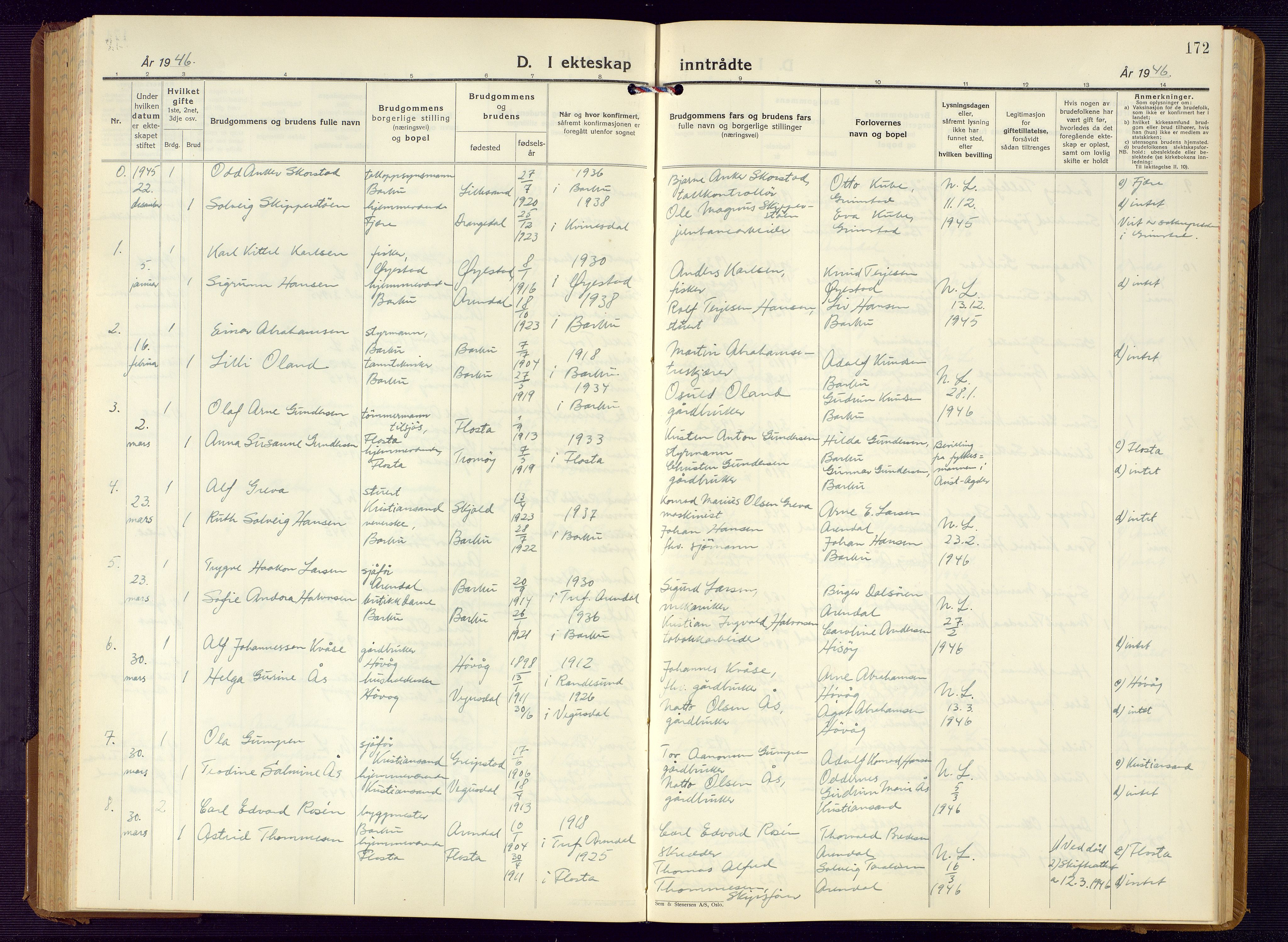 Barbu sokneprestkontor, AV/SAK-1111-0003/F/Fb/L0006: Klokkerbok nr. B 6, 1937-1947, s. 172