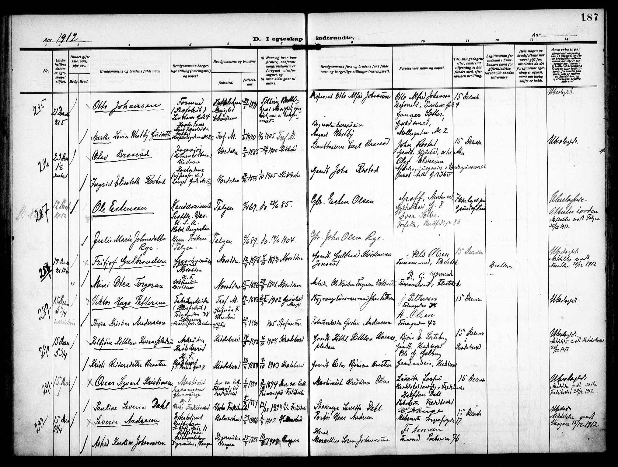 Trefoldighet prestekontor Kirkebøker, AV/SAO-A-10882/F/Fc/L0006: Ministerialbok nr. III 6, 1908-1914, s. 187