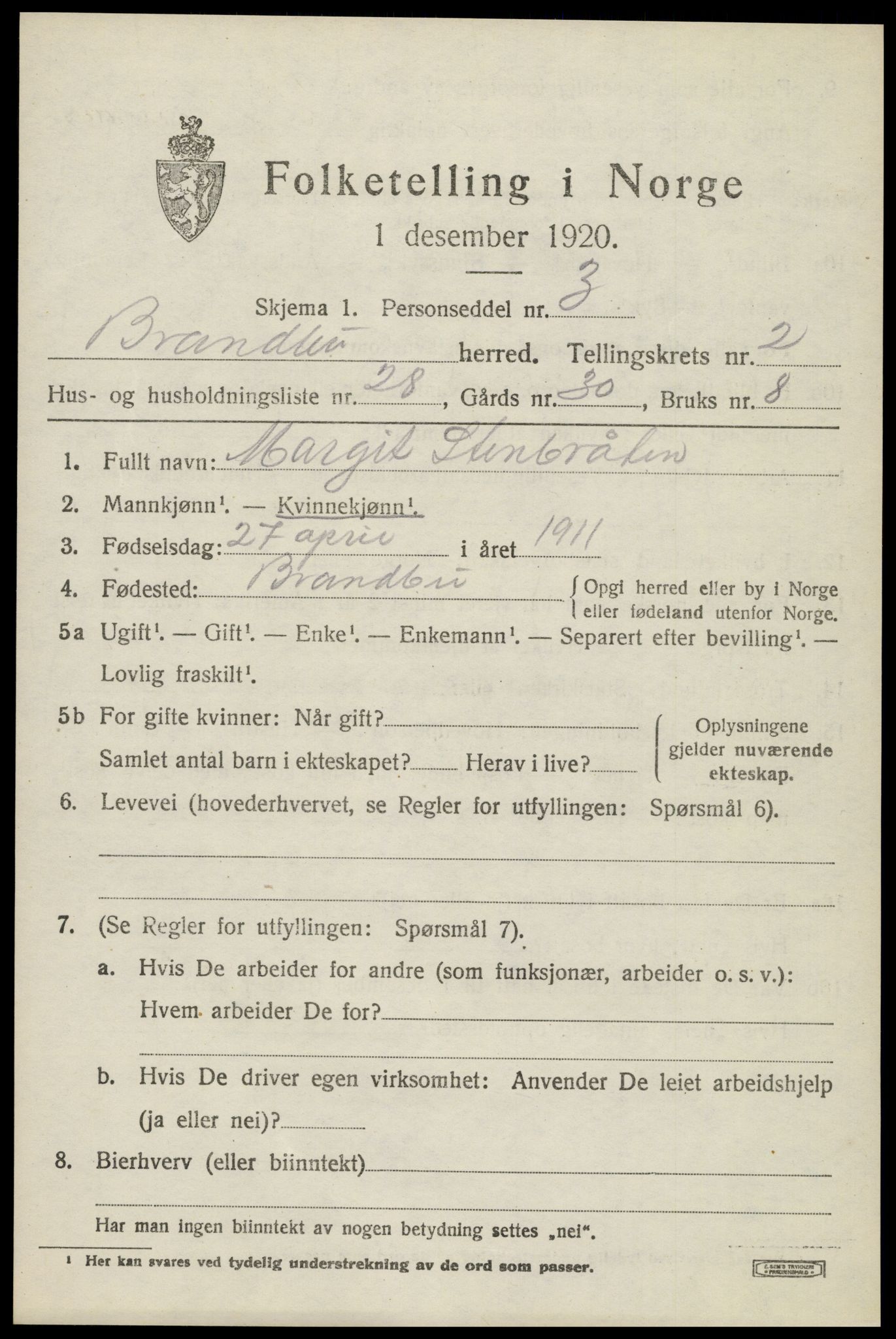 SAH, Folketelling 1920 for 0535 Brandbu herred, 1920, s. 3797
