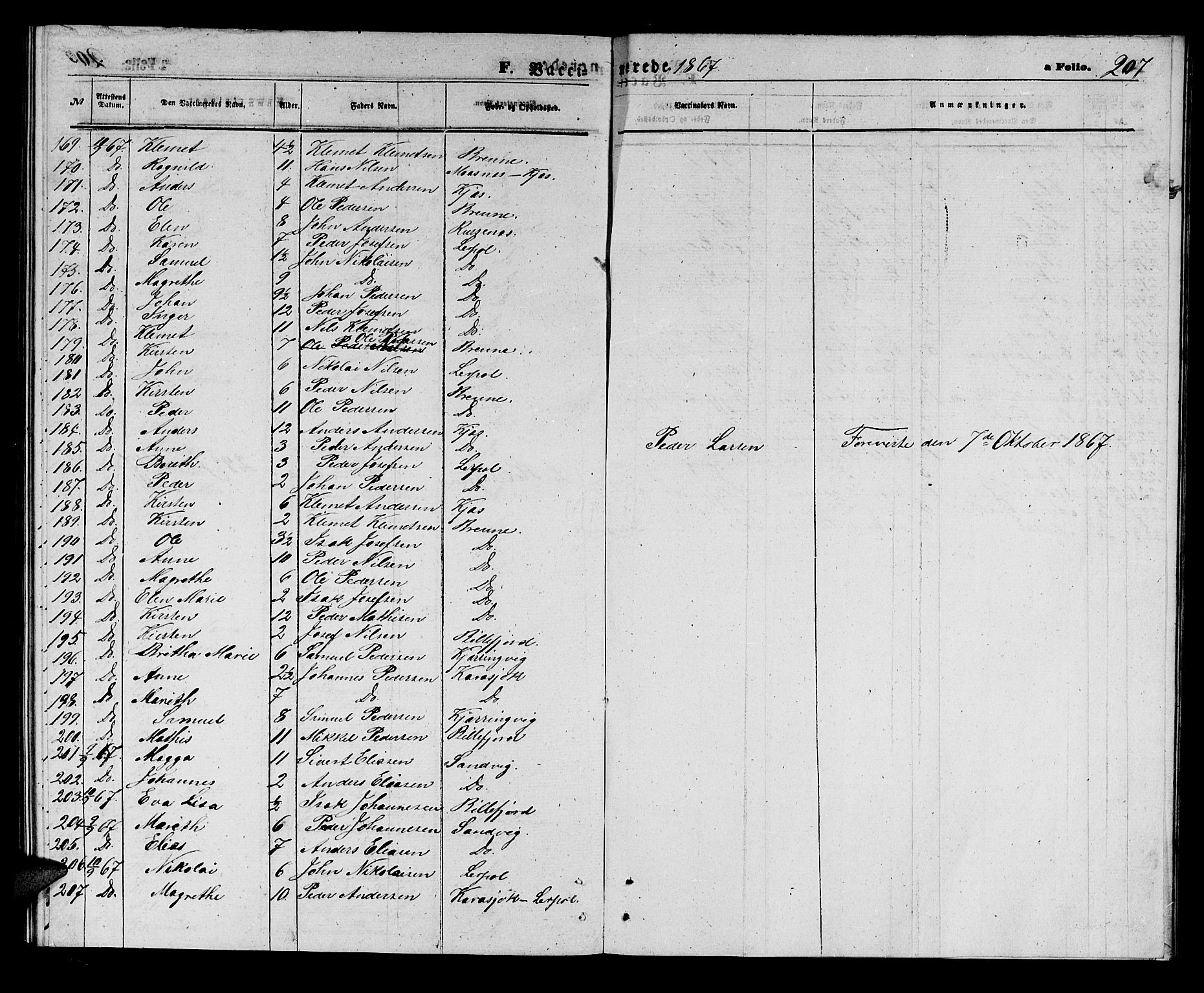 Kistrand/Porsanger sokneprestembete, AV/SATØ-S-1351/H/Hb/L0002.klokk: Klokkerbok nr. 2, 1862-1873, s. 207
