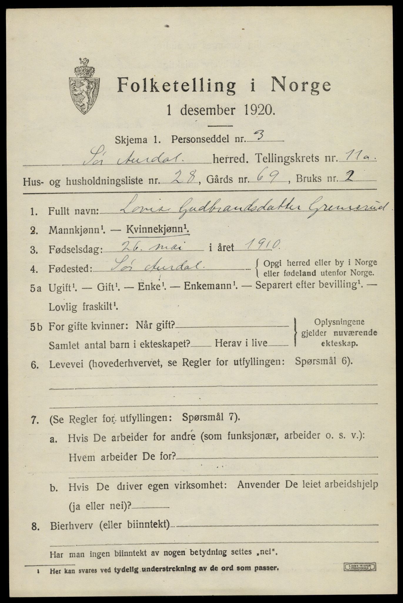 SAH, Folketelling 1920 for 0540 Sør-Aurdal herred, 1920, s. 6661