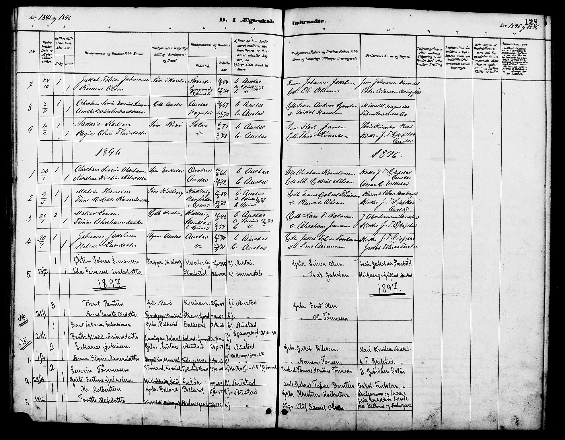 Lyngdal sokneprestkontor, AV/SAK-1111-0029/F/Fb/Fba/L0003: Klokkerbok nr. B 3, 1886-1903, s. 128
