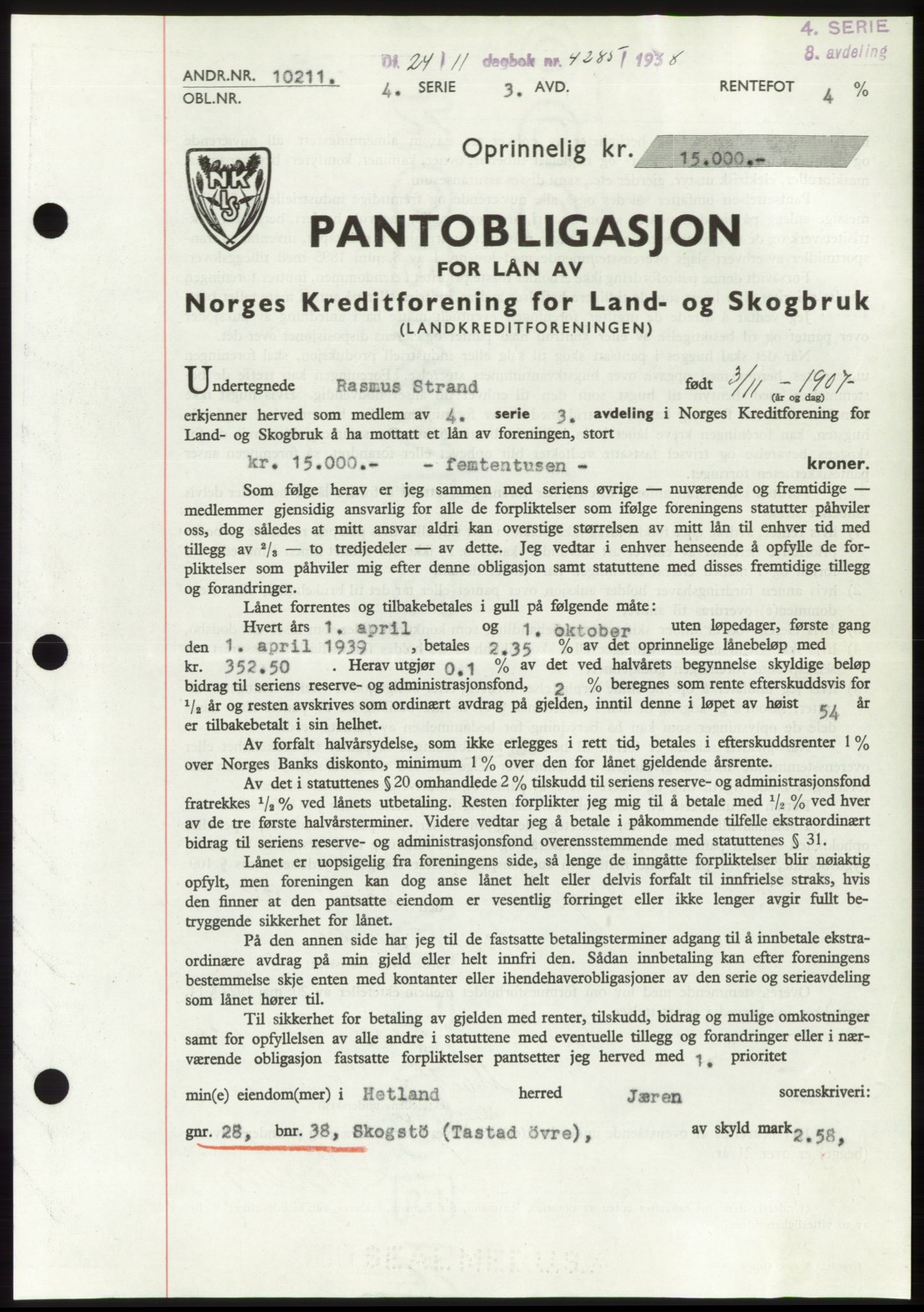 Jæren sorenskriveri, SAST/A-100310/03/G/Gba/L0072: Pantebok, 1938-1938, Dagboknr: 4285/1938