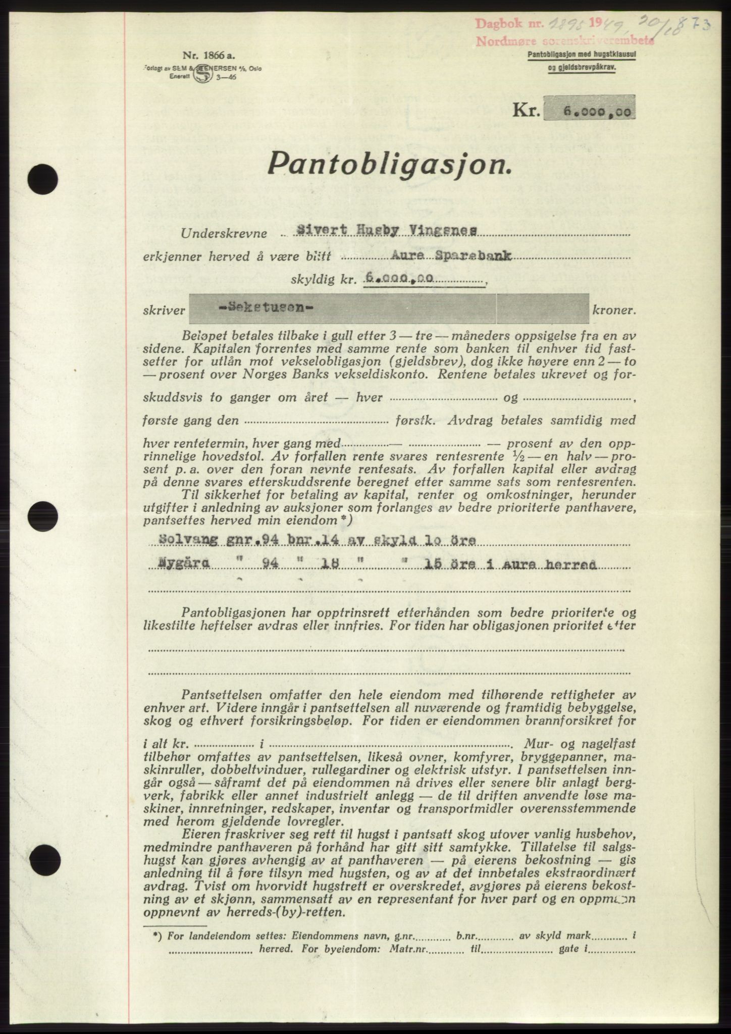 Nordmøre sorenskriveri, SAT/A-4132/1/2/2Ca: Pantebok nr. B102, 1949-1949, Dagboknr: 2895/1949