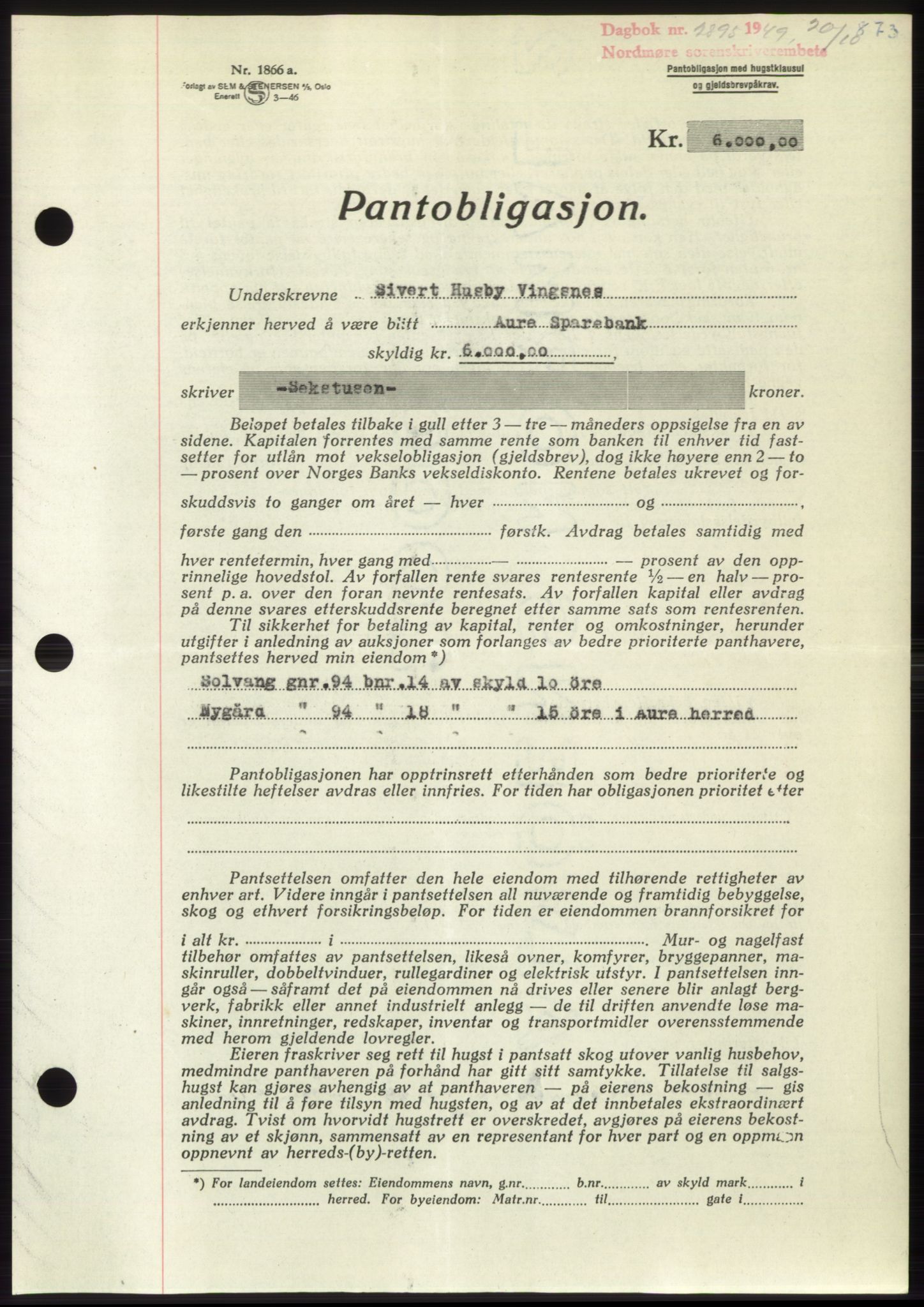 Nordmøre sorenskriveri, AV/SAT-A-4132/1/2/2Ca: Pantebok nr. B102, 1949-1949, Dagboknr: 2895/1949