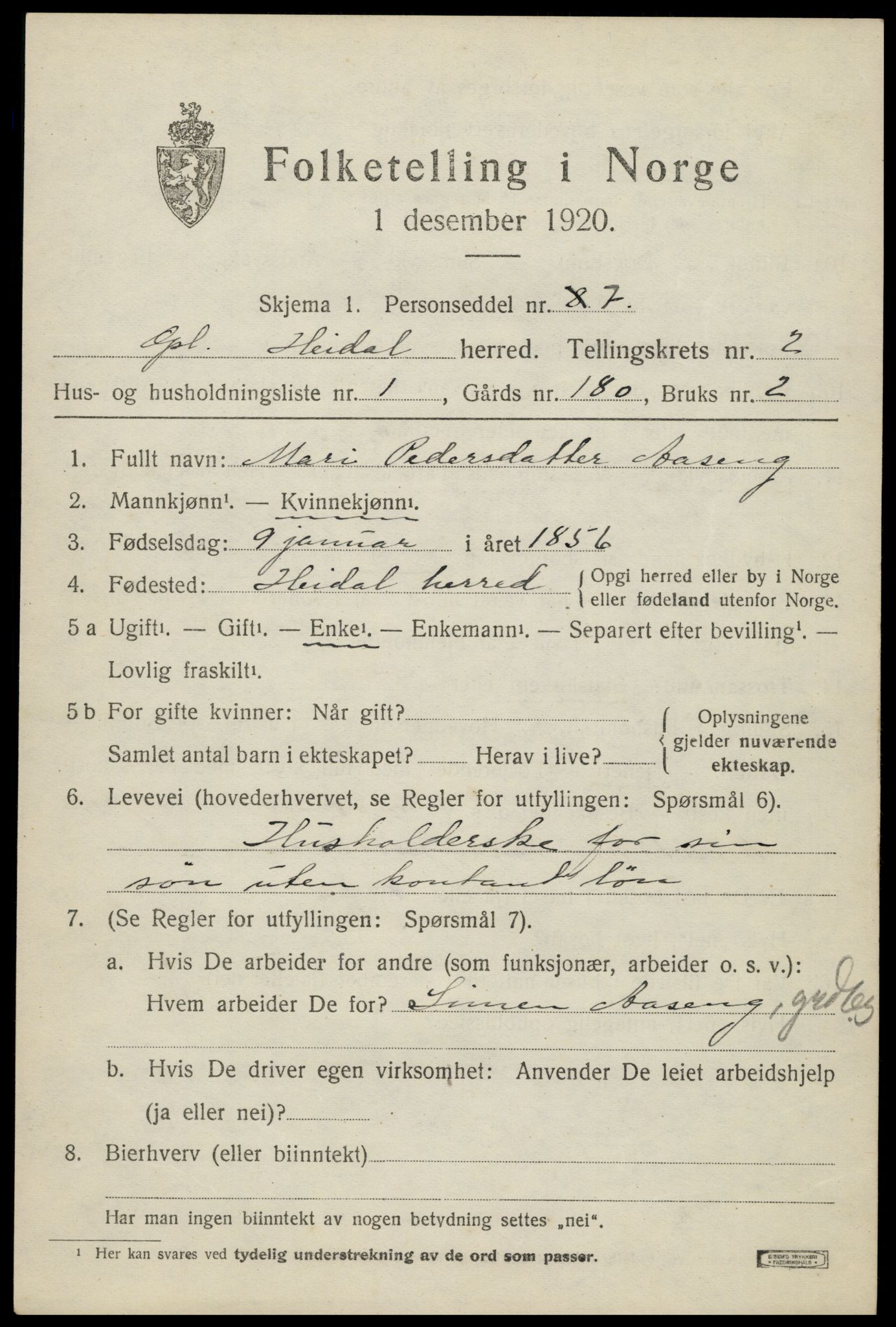 SAH, Folketelling 1920 for 0516 Heidal herred, 1920, s. 936