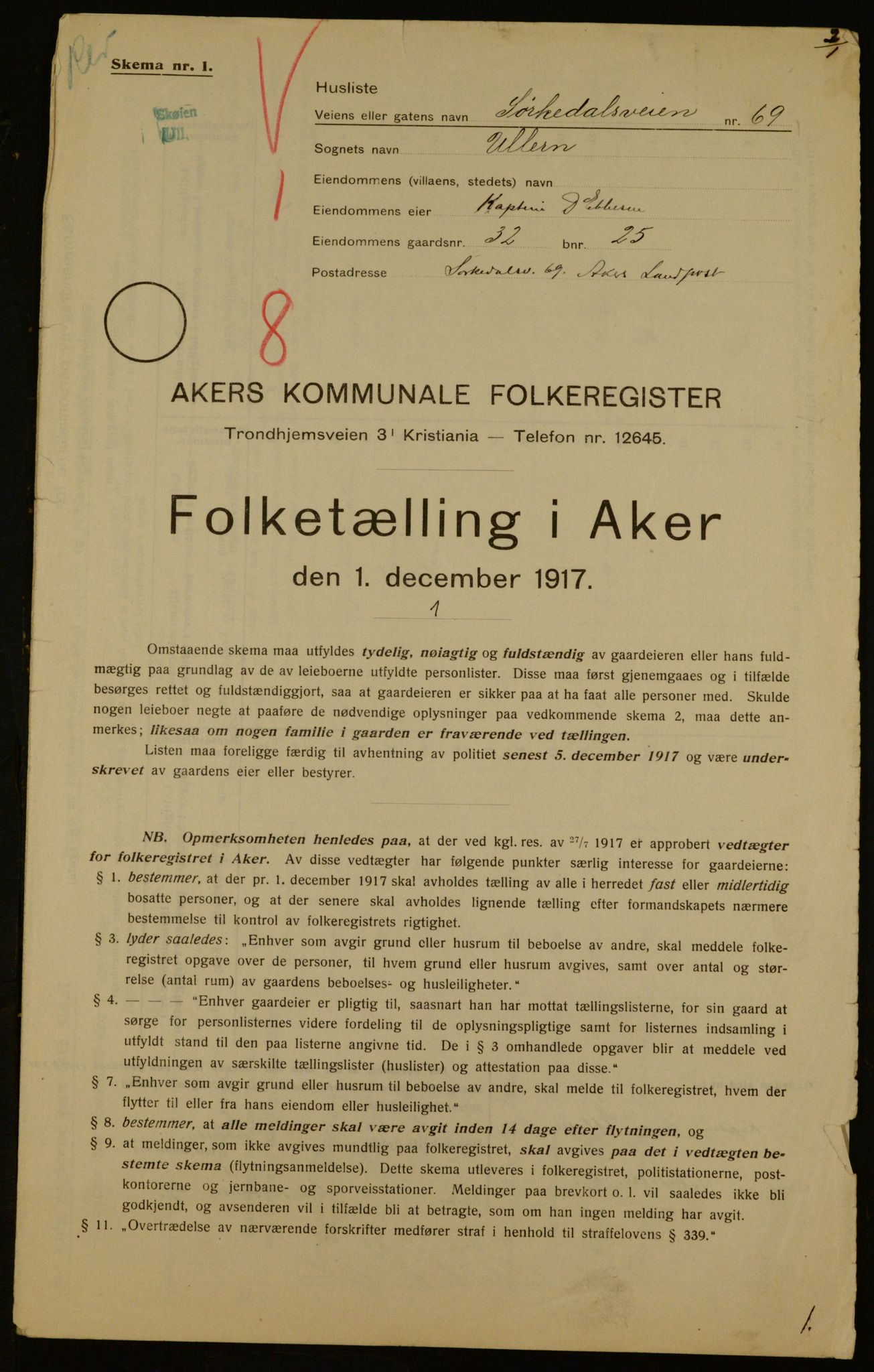 OBA, Kommunal folketelling 1.12.1917 for Aker, 1917, s. 7