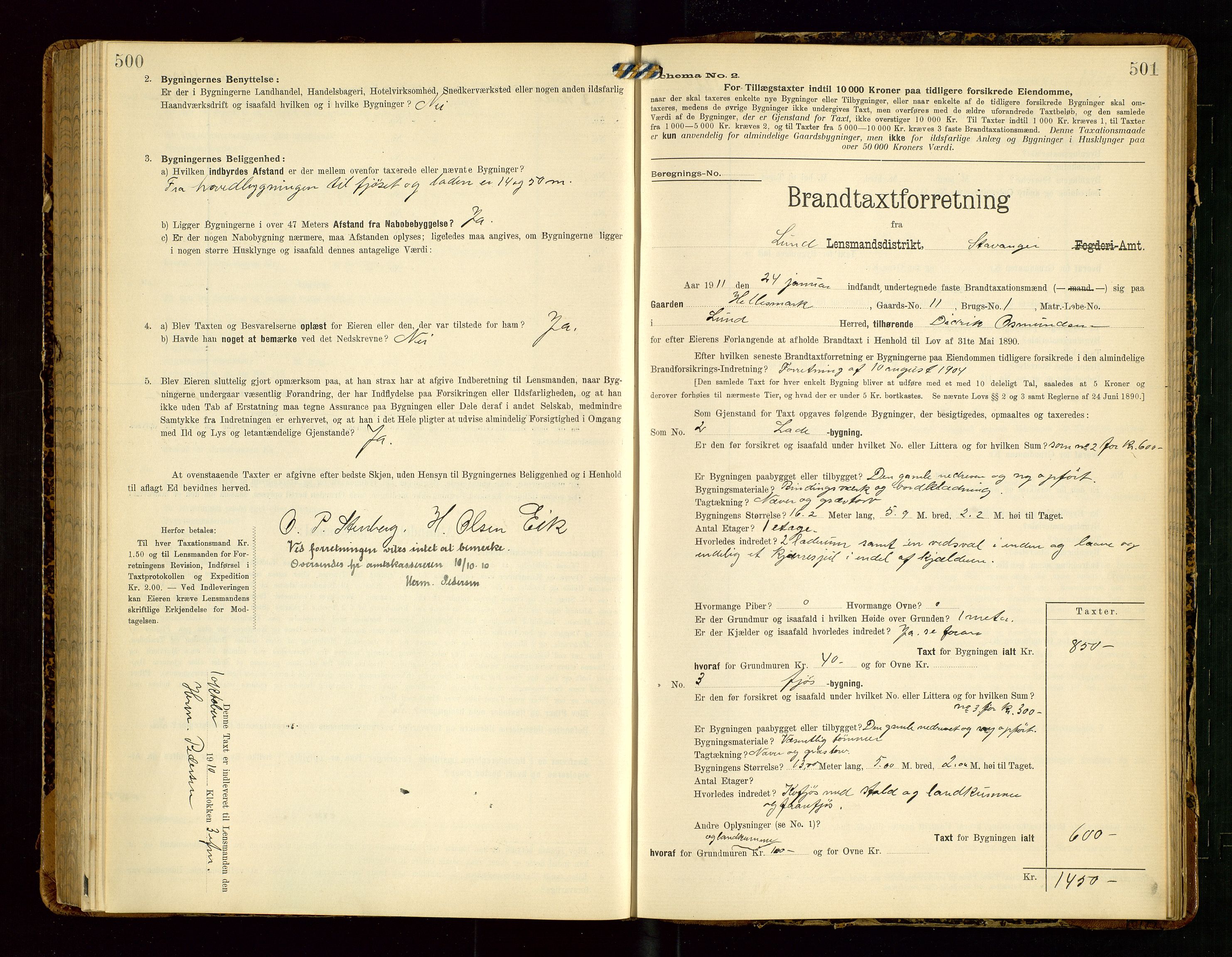 Lund lensmannskontor, SAST/A-100303/Gob/L0002: "Brandtakstprotokol", 1908-1918, s. 500-501