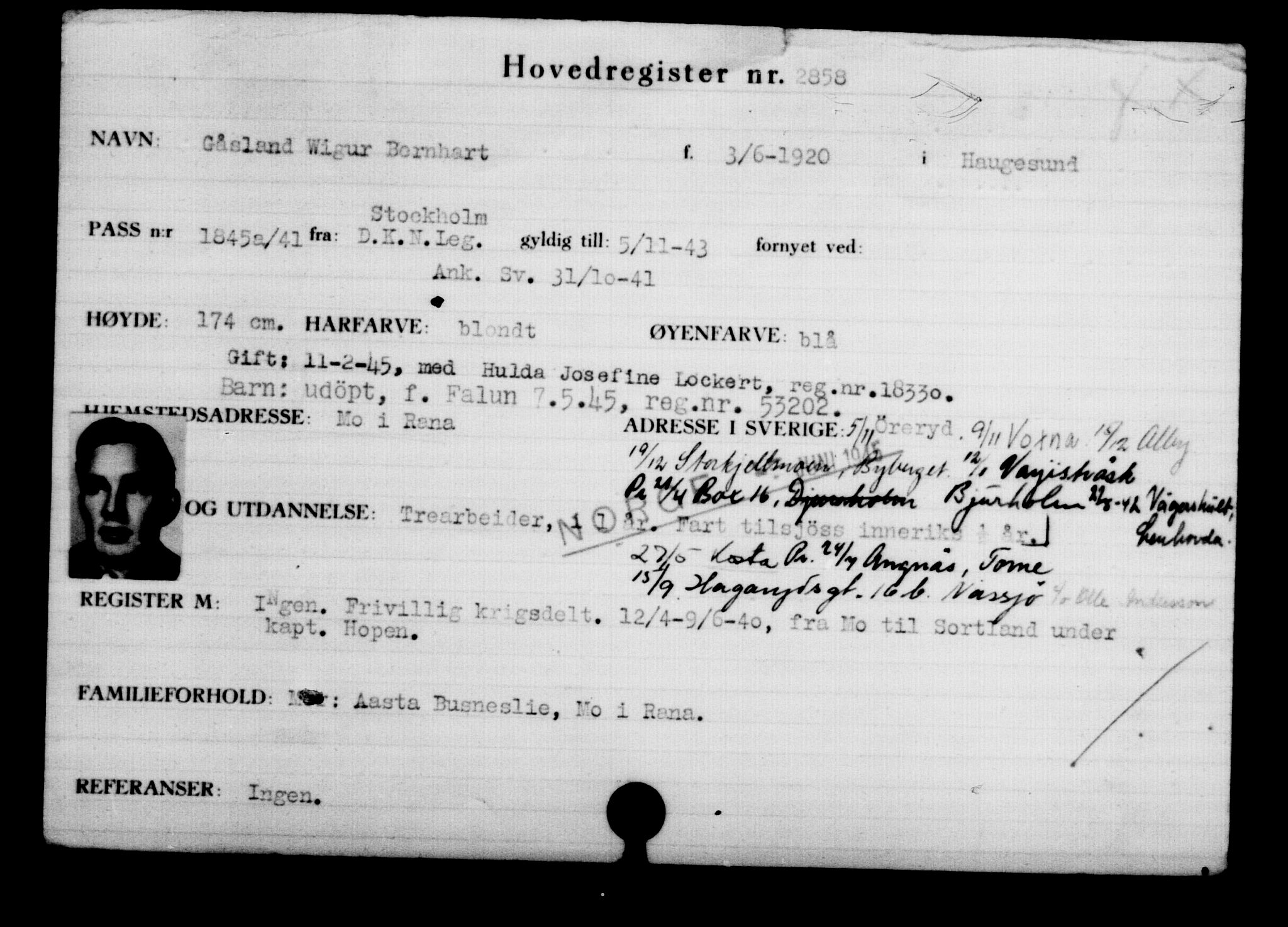 Utenriksstasjonene, Legasjonen i Stockholm, Flyktningkontoret, AV/RA-S-6753/V/Va/L0003: Kjesäterkartoteket, flyktninger med registreringsnr. 2001-3495, 1940-1945, s. 1257