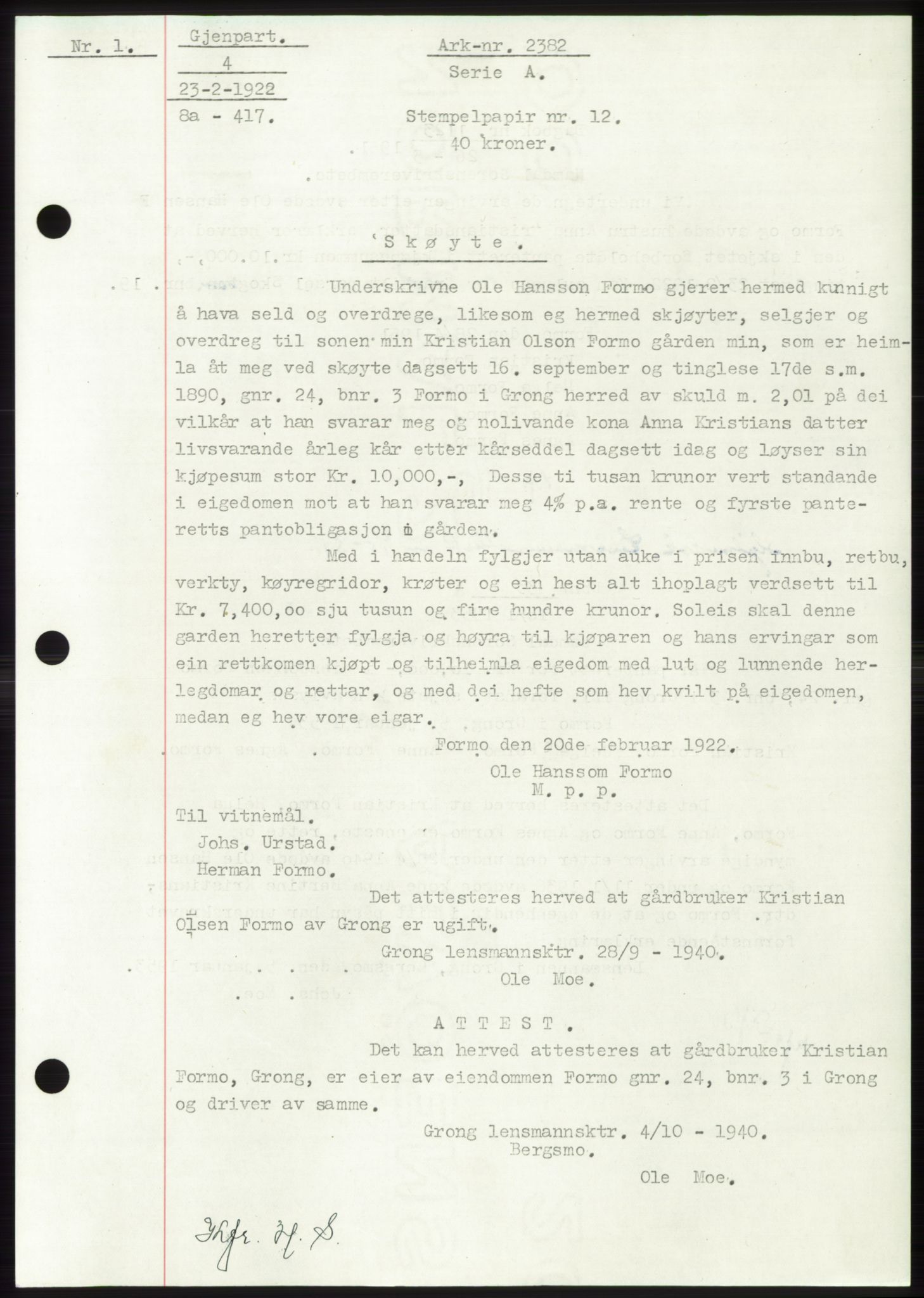 Namdal sorenskriveri, SAT/A-4133/1/2/2C: Pantebok nr. -, 1922-1925, Tingl.dato: 23.02.1922