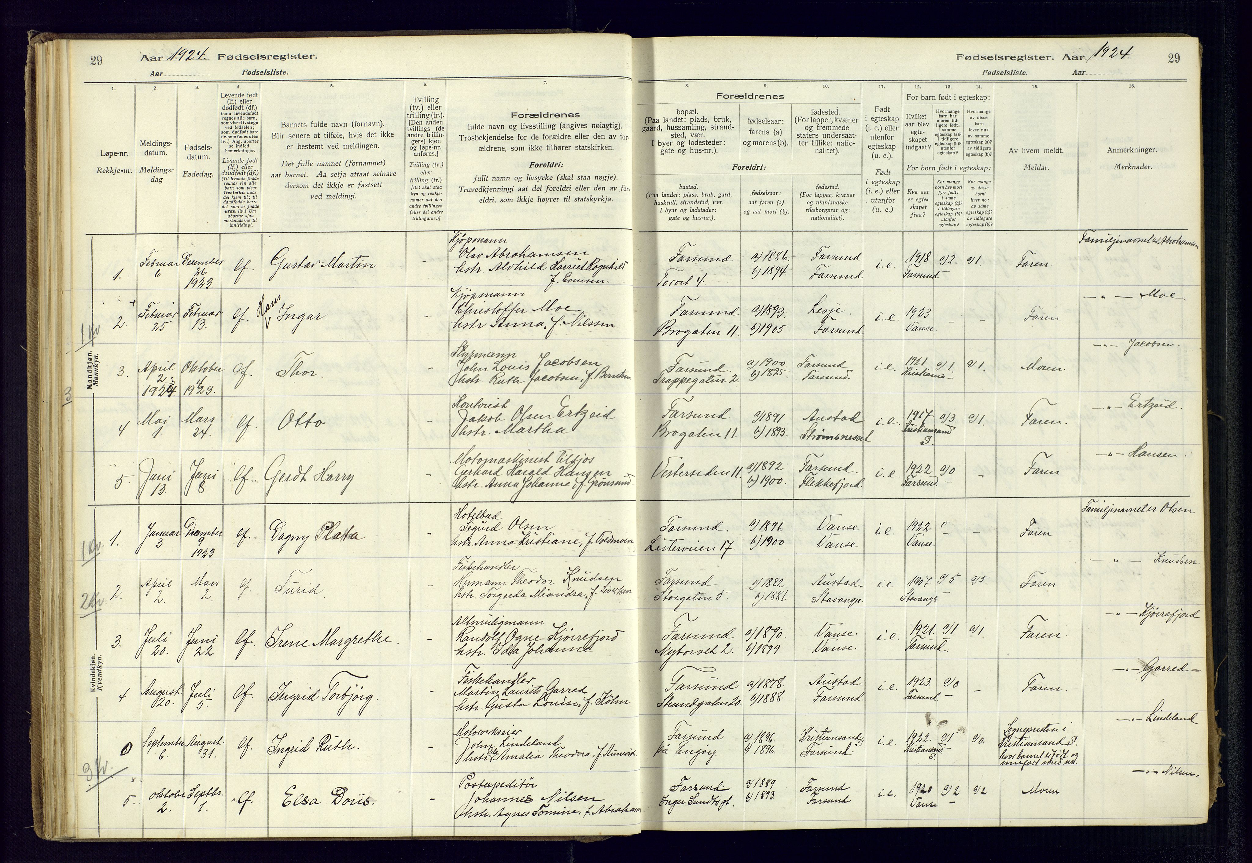 Farsund sokneprestkontor, AV/SAK-1111-0009/J/Ja/L0001: Fødselsregister nr. A-VI-8, 1916-1950, s. 29