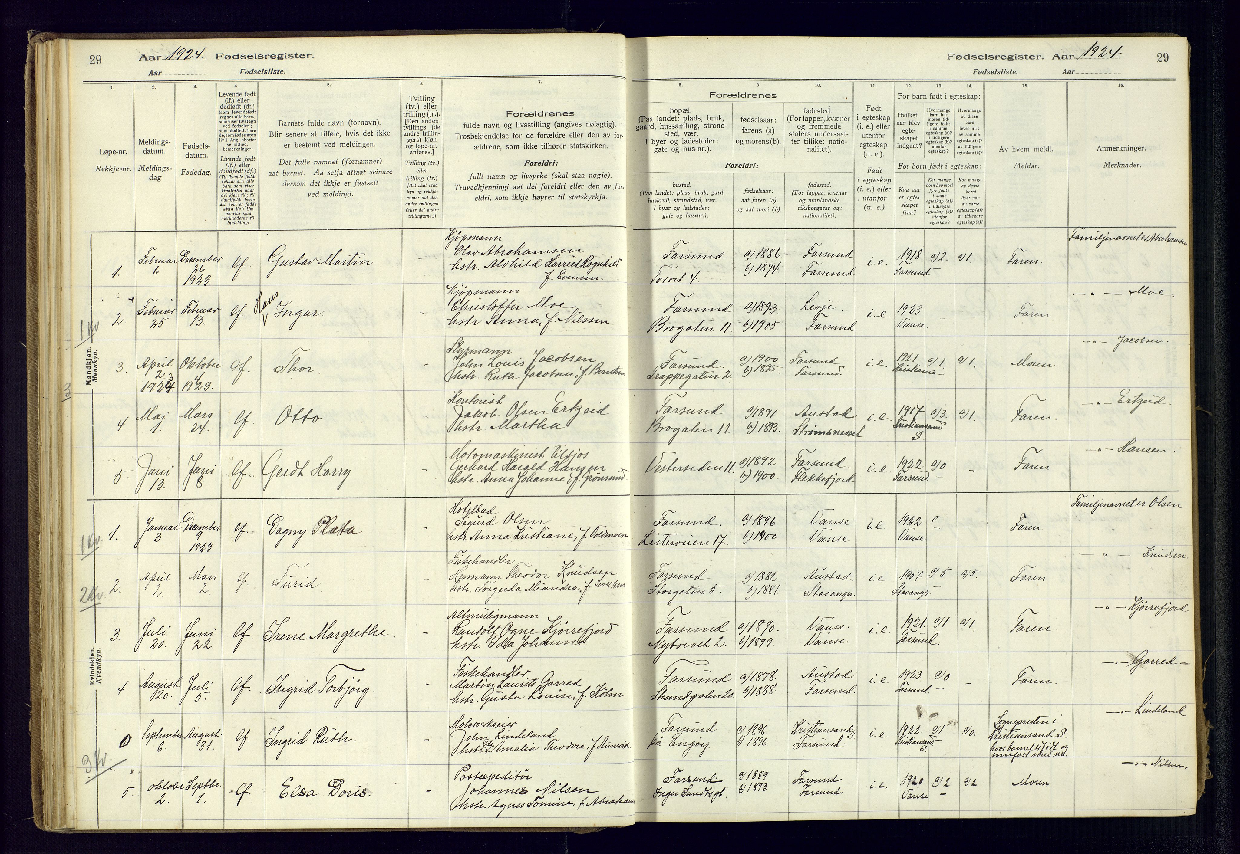 Farsund sokneprestkontor, SAK/1111-0009/J/Ja/L0001: Fødselsregister nr. A-VI-8, 1916-1950, s. 29