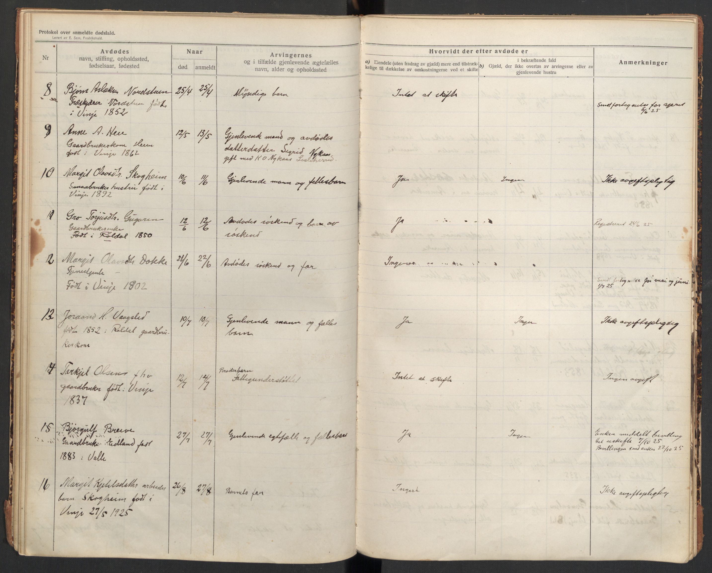 Vinje lensmannskontor, SAKO/A-578/H/Ha/L0001: Dødsanmeldelsesprotokoll , 1916-1932