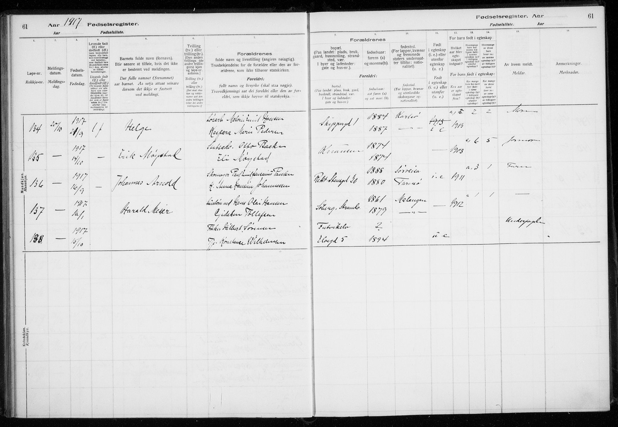 Tromsø sokneprestkontor/stiftsprosti/domprosti, AV/SATØ-S-1343/H/Ha/L0131: Fødselsregister nr. 131, 1916-1921, s. 61