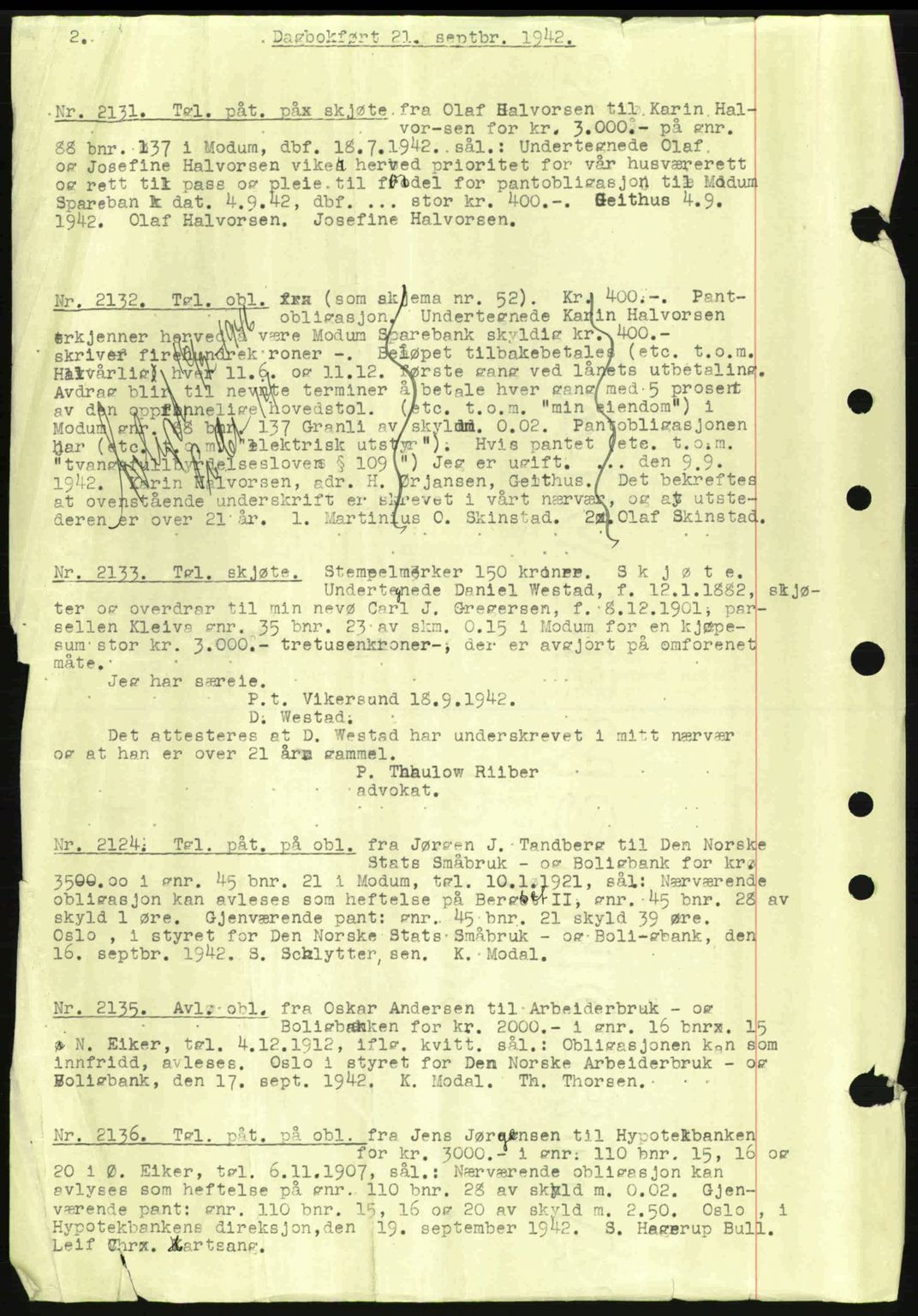 Eiker, Modum og Sigdal sorenskriveri, SAKO/A-123/G/Ga/Gab/L0047: Pantebok nr. A17, 1942-1943, Dagboknr: 2131/1942