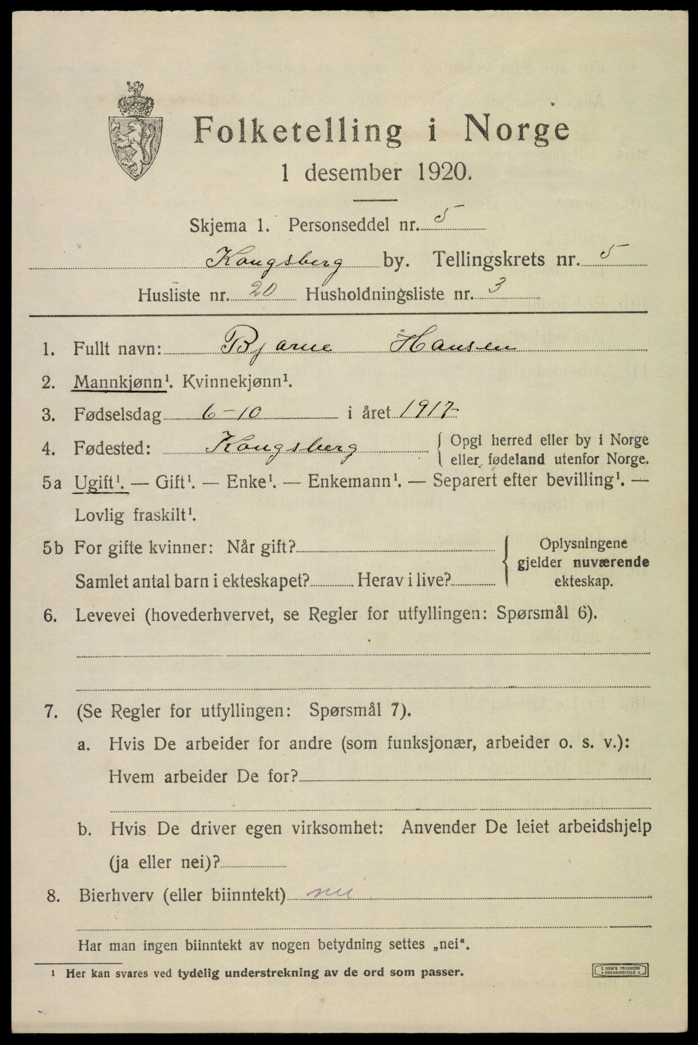 SAKO, Folketelling 1920 for 0604 Kongsberg kjøpstad, 1920, s. 12738
