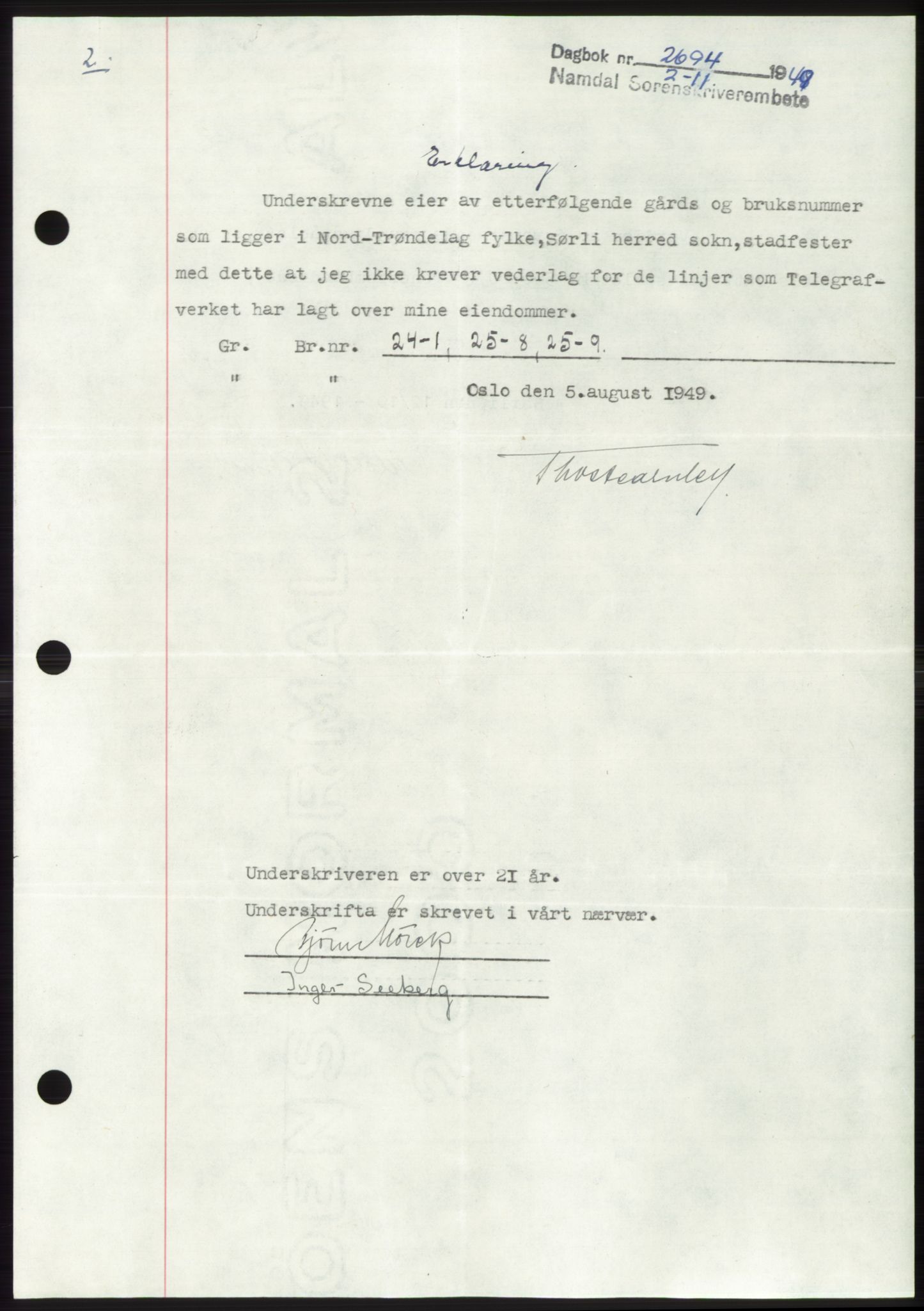Namdal sorenskriveri, SAT/A-4133/1/2/2C: Pantebok nr. -, 1949-1949, Dagboknr: 2694/1949