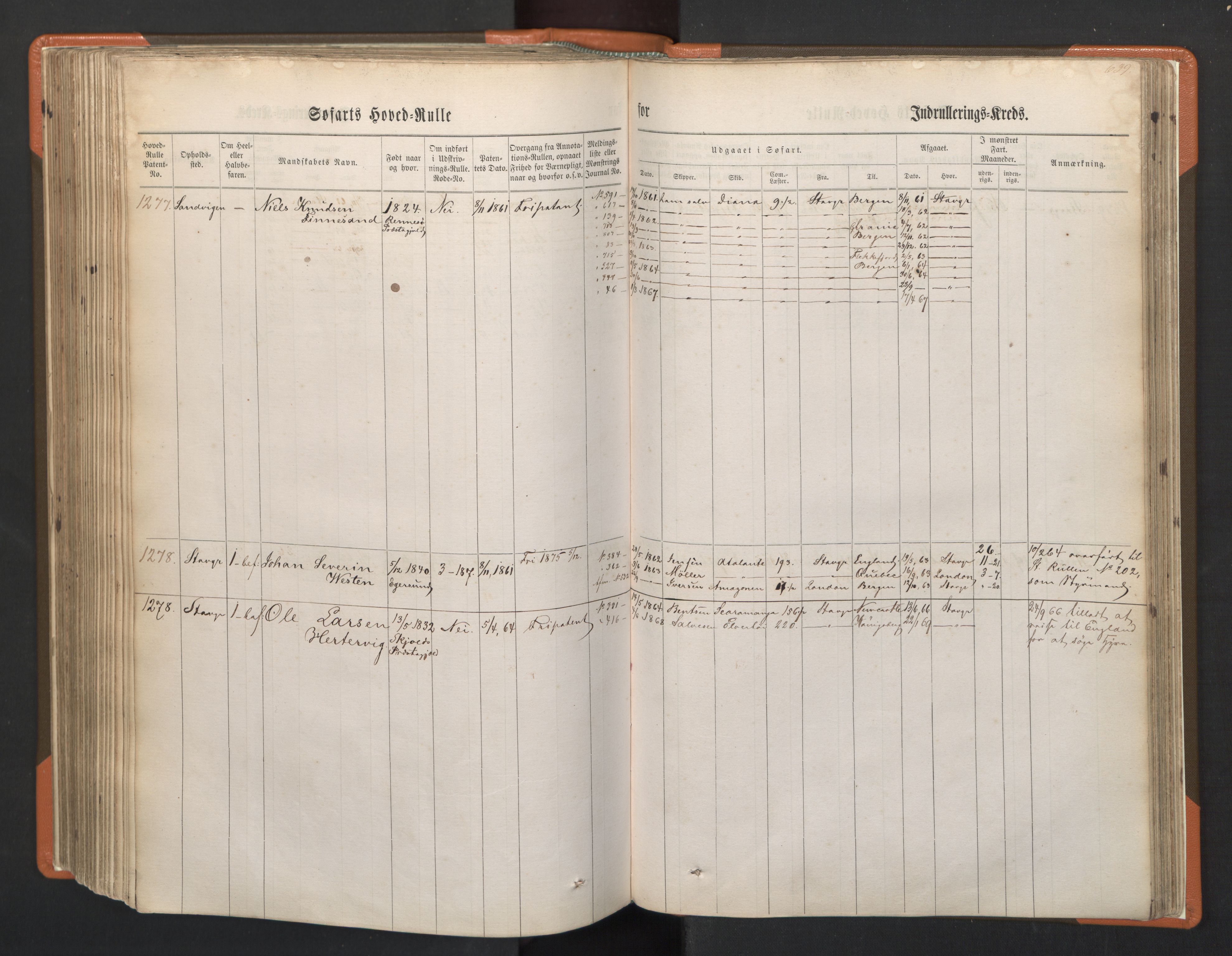 Stavanger sjømannskontor, AV/SAST-A-102006/F/Fb/Fbb/L0002: Sjøfartshovedrulle, patentnr. 721-1450 (del 2), 1863, s. 285