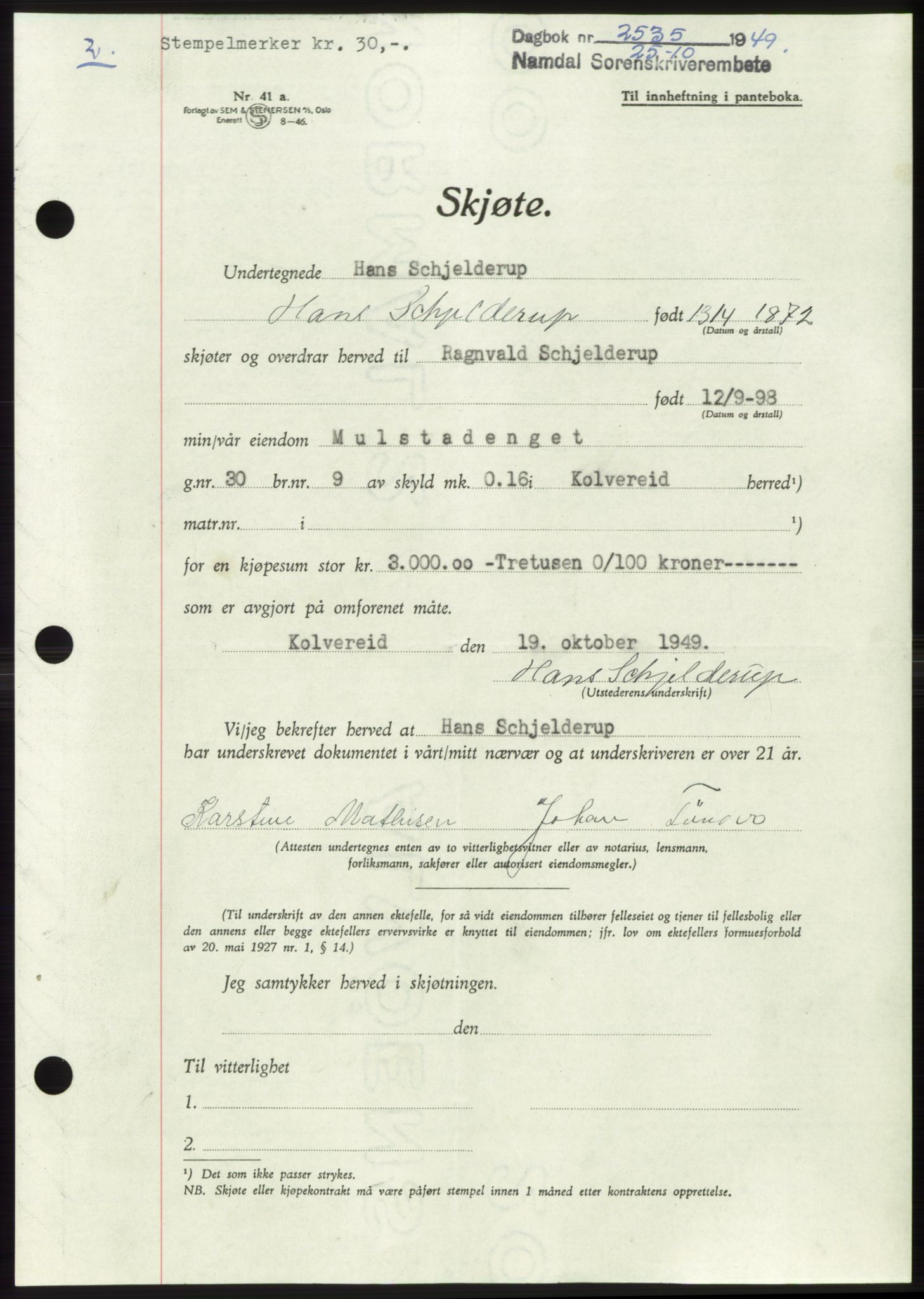 Namdal sorenskriveri, SAT/A-4133/1/2/2C: Pantebok nr. -, 1949-1949, Dagboknr: 2535/1949