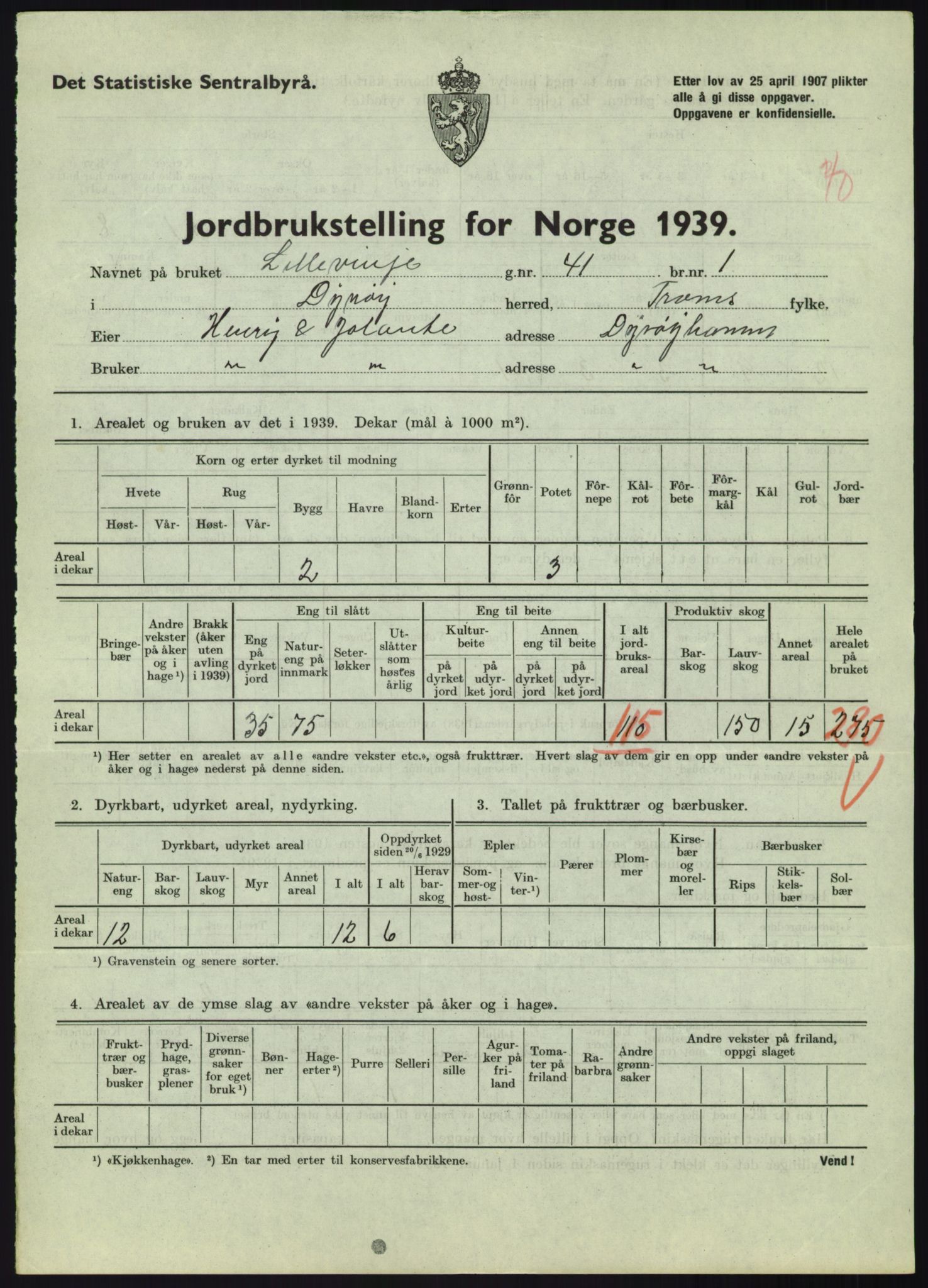 Statistisk sentralbyrå, Næringsøkonomiske emner, Jordbruk, skogbruk, jakt, fiske og fangst, AV/RA-S-2234/G/Gb/L0340: Troms: Salangen og Dyrøy, 1939, s. 1550